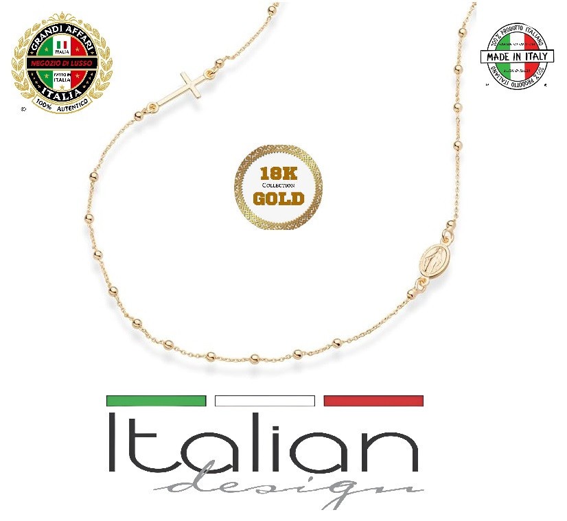 Italian Collana 18k GP Rosario Lateralmente Croce Rosary Beaded Necklace 18in