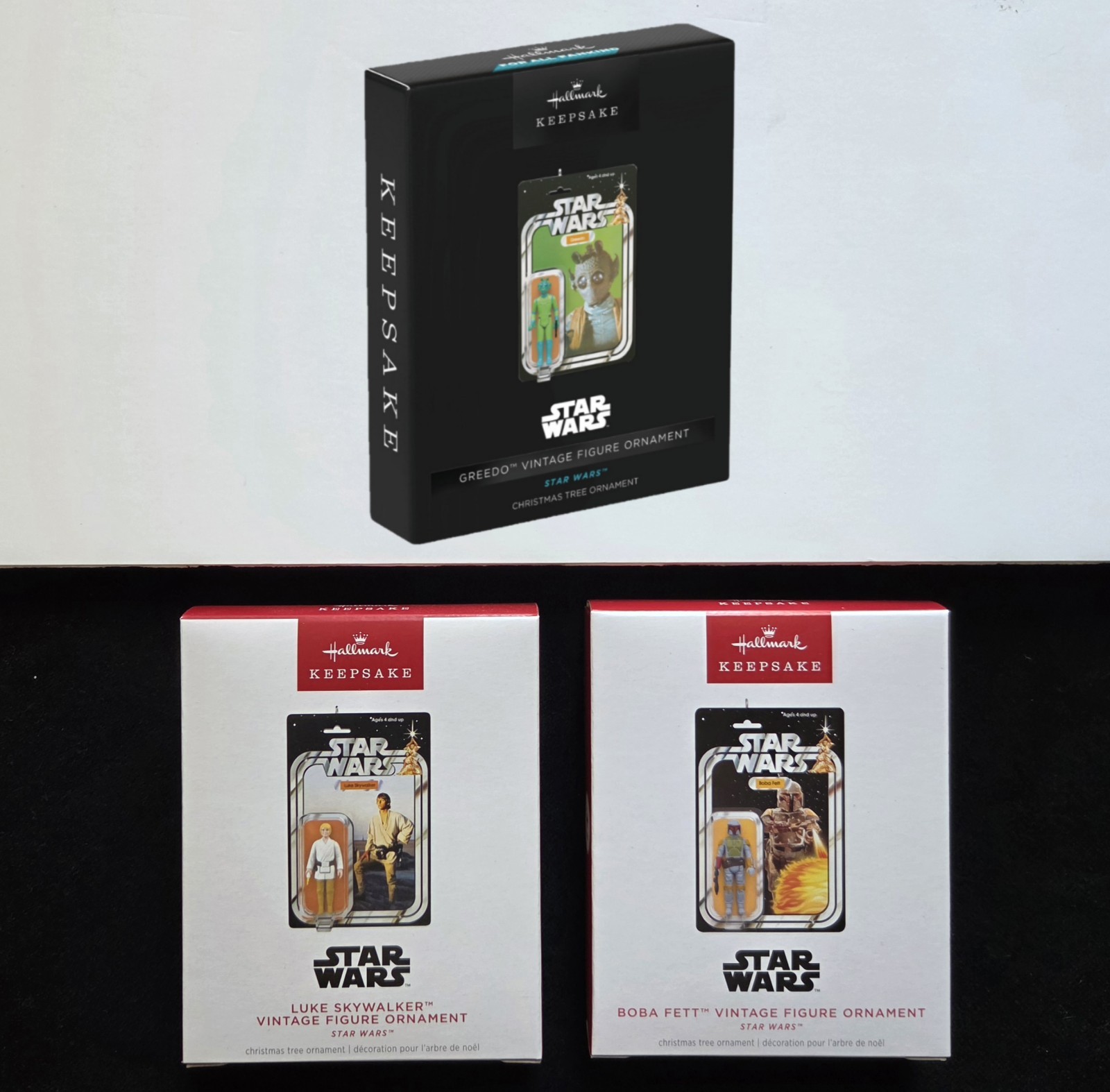 3 NEW Hallmark LUKE, GREEDO BOBA FETT Vintage Star Wars Figure Keepsake Ornament