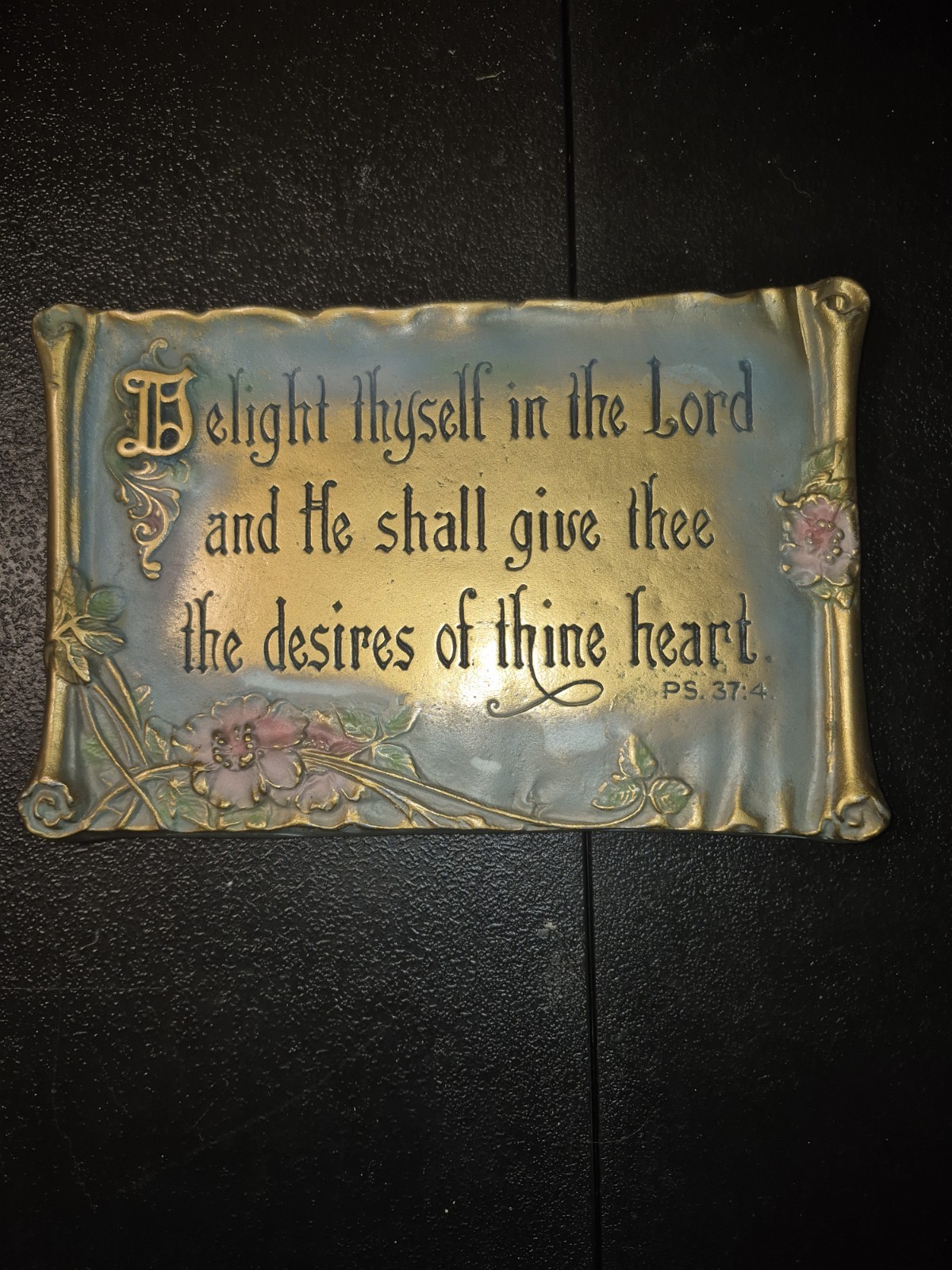 Vtg 1928 A.E. Mitchell Art Co Psalm 37:4 Cast Metal Wall Plaque Religious #144