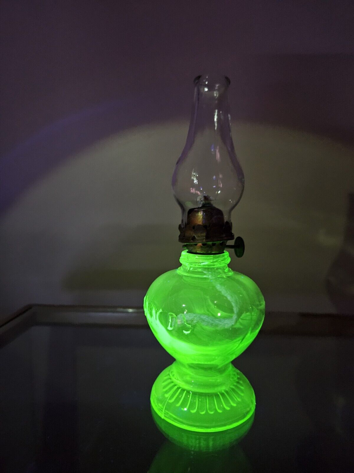 RARE Uranium Glass Oil Lamp Miniature Depression Era Handy Vintage, Vaseline