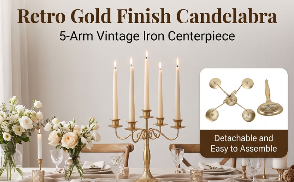 5Arm Candelabra Taper Table Centerpiece Vintage Iron Candle Holder 12.8inch Tall