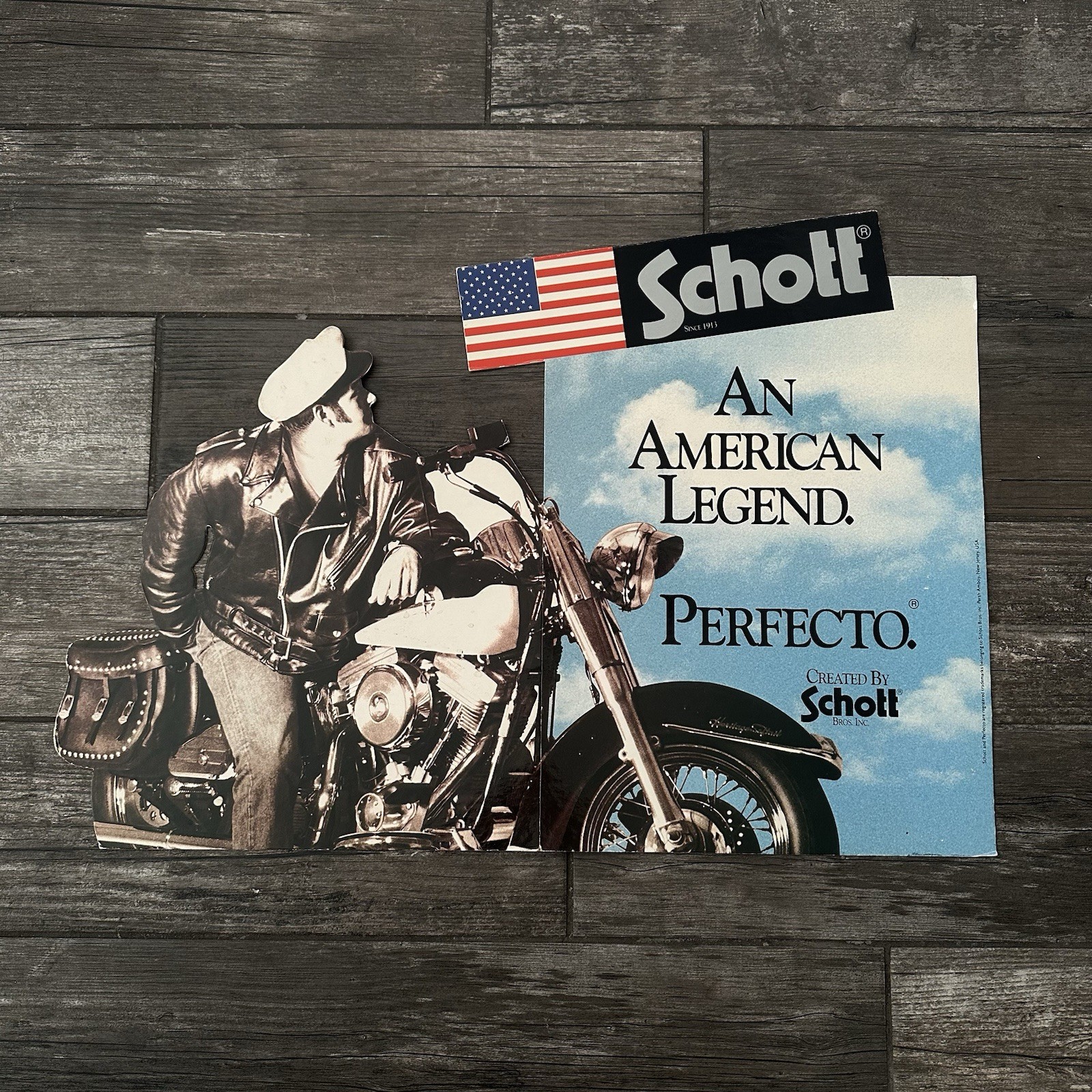 VTG SCHOTT PERFECTO AN AMERICAN LEGEND ADVERTISING DISPLAY CUT-OUT SIGN BRANDO VTG SCHOTT PERFECTO AN AMERICAN LEGEND ADVERTISING DISPLAY CUT-OUT SIGN BRANDO