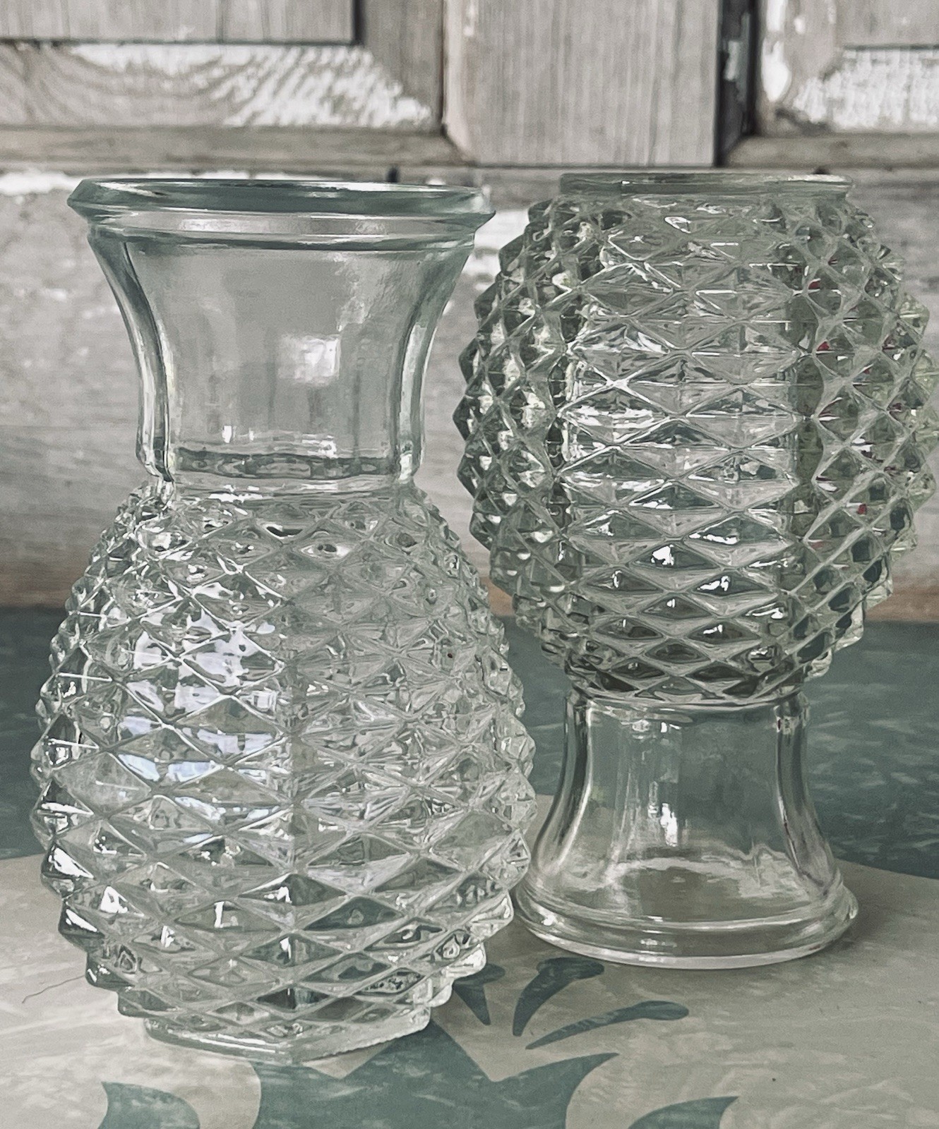 Vintage 1980 FTD Pineapple Diamond Point Pressed Glass Vase Set of 2