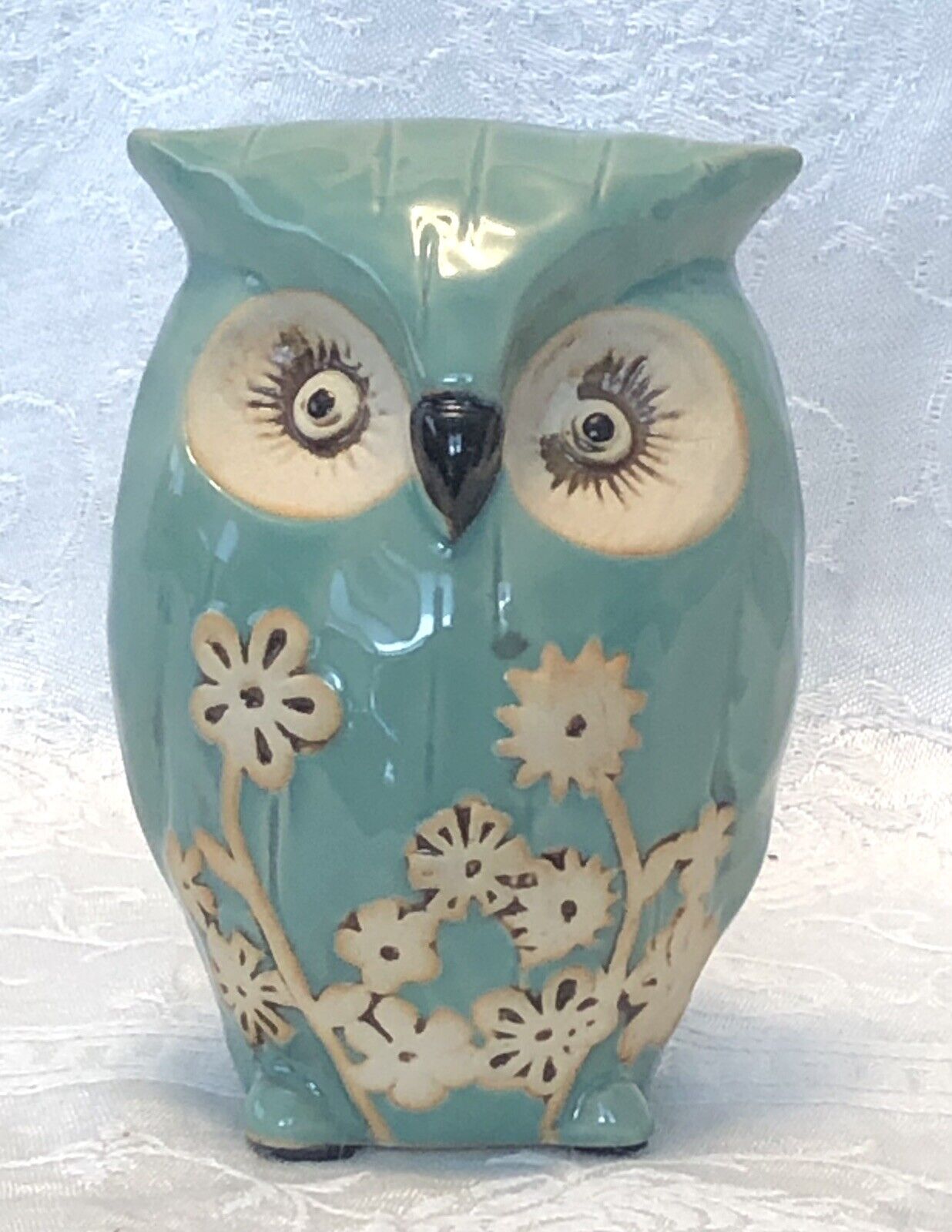 Ashland 5” Ceramic Owl Home Collection Teal Aqua Figurine Crème Raised Flowers