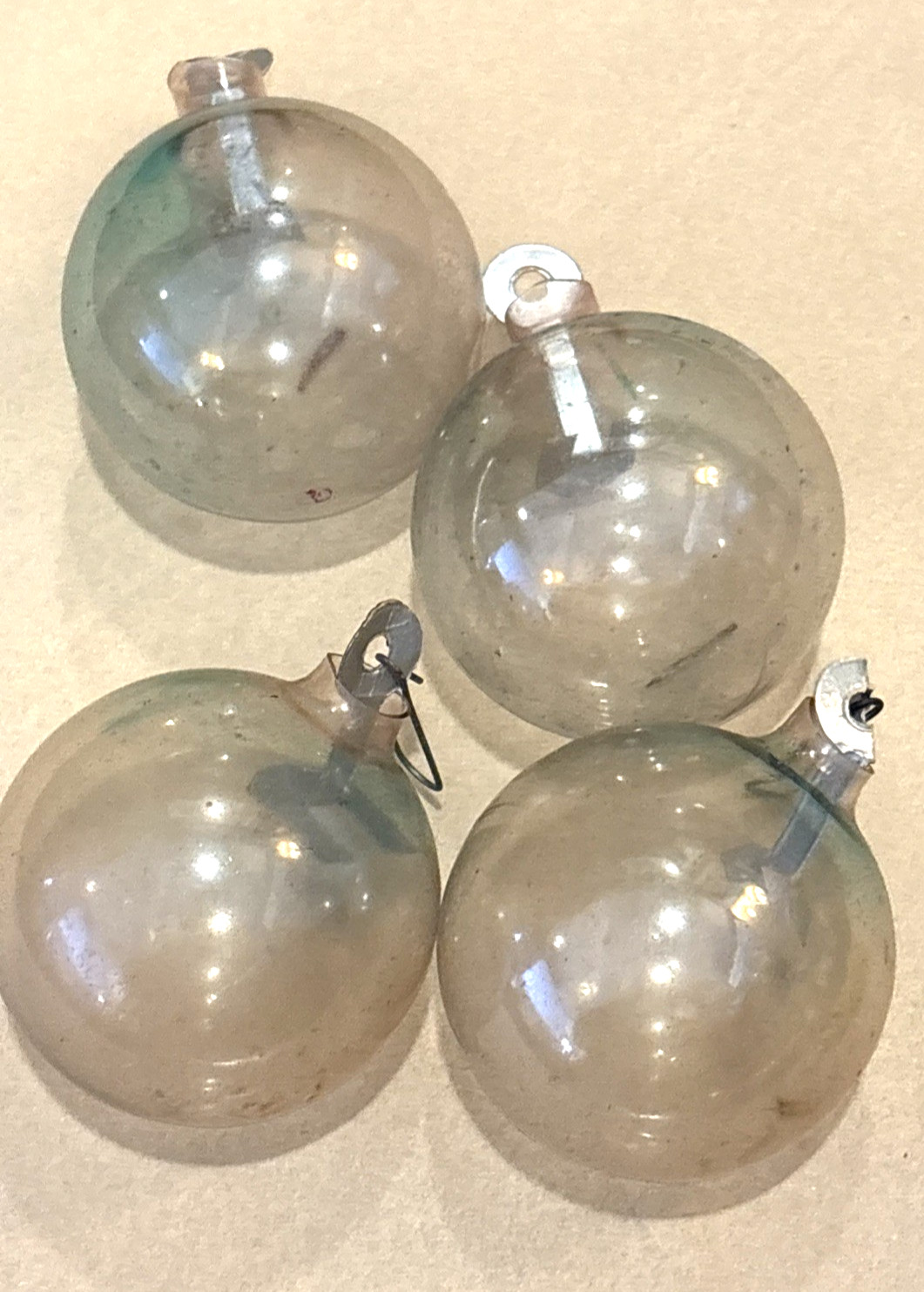 Vintage Shiny Brite Unsilvered Paper Hanger Christmas Ornaments Clear lot of 4