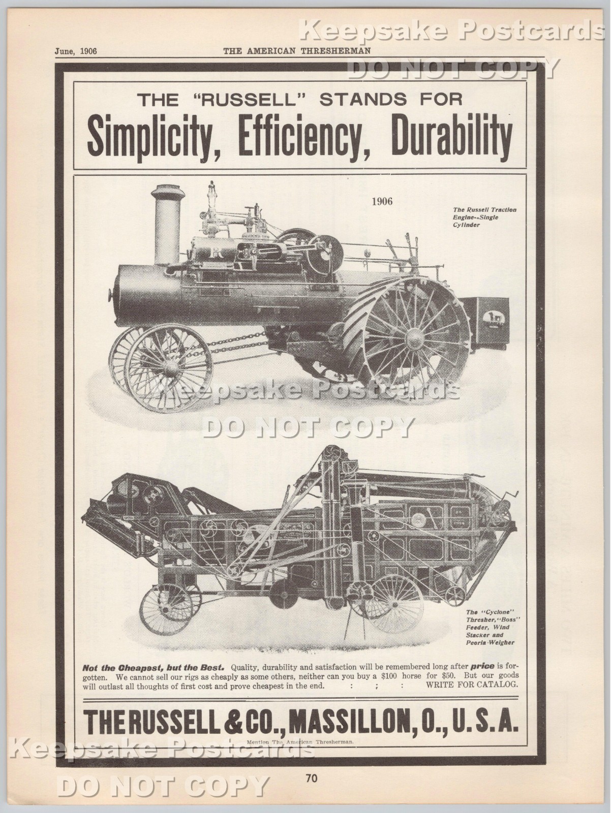 1906 Russell Co. Massillon OH Steam Traction Engine & Cyclone Thresher Print Ad