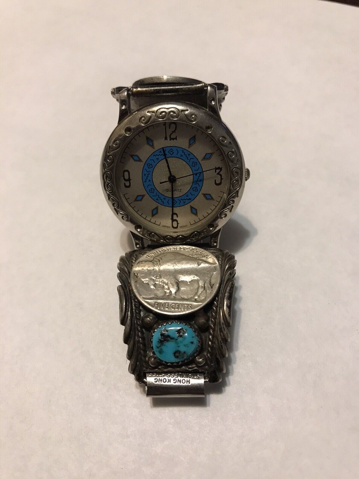 VTG Bracelet/Watch Navajo Turquoise & 925 Silver Buffalo Nickel Cuff Artisan