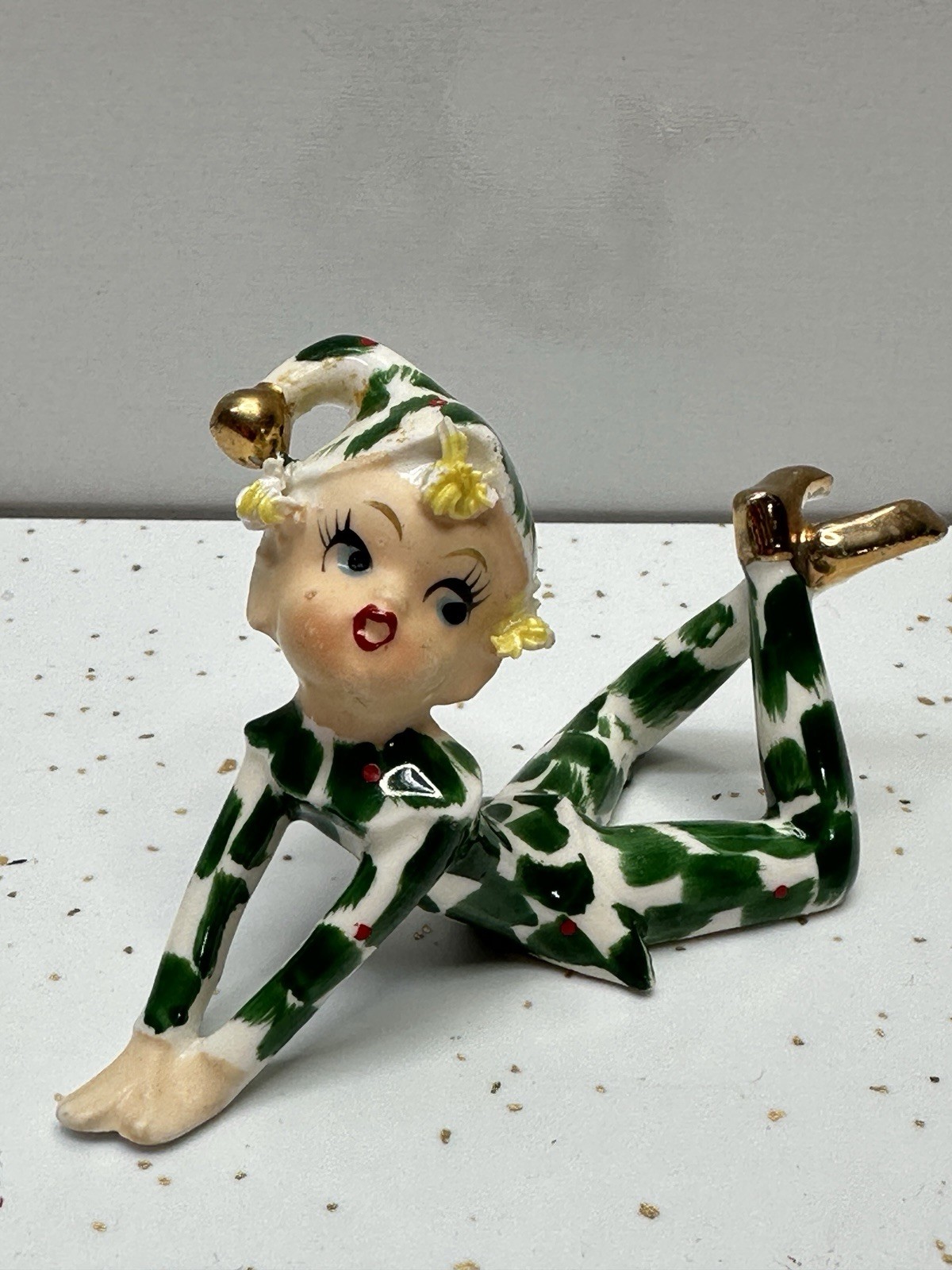 Vintage Lefton Japan Holly Elf Pixie Girl Green Figurine Spaghetti Hair