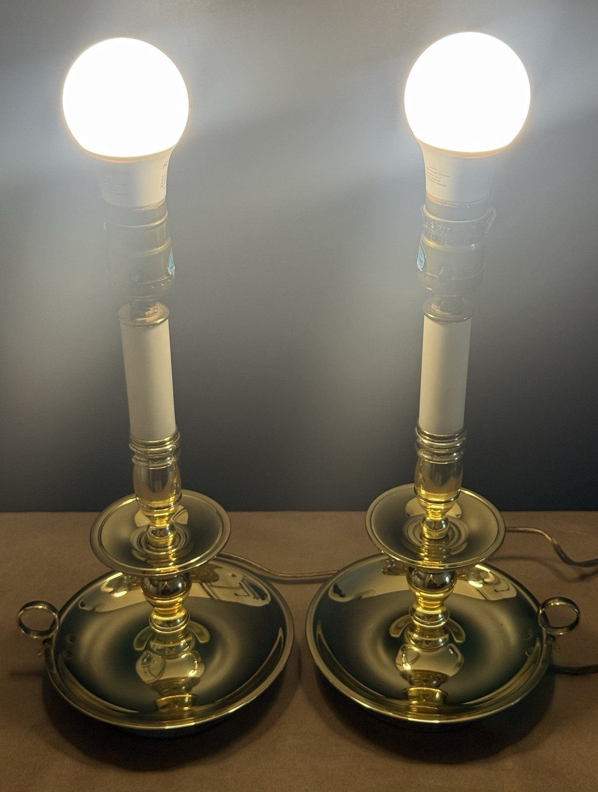 Baldwin Pair Of Brass Chamberstick Design Finger Loop Table Desk Lamps Lights