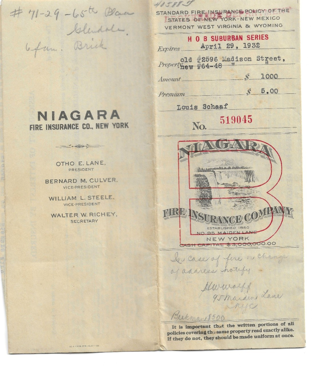 • Antique 1920s Insurance Document Niagara Fire Co New York Queens History Paper