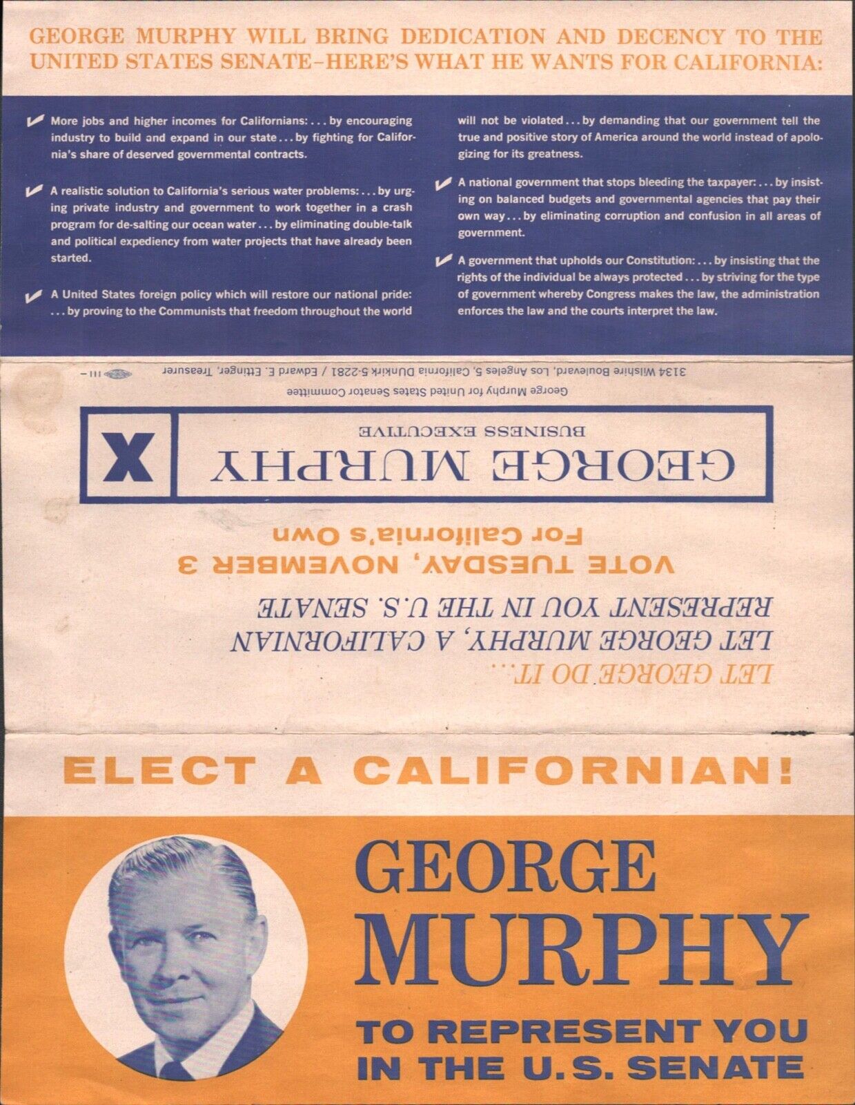 1964 GEORGE MURPHY, HOLLYWOOD ACTOR vintage political pamphlet CALIFORNIA SENATE