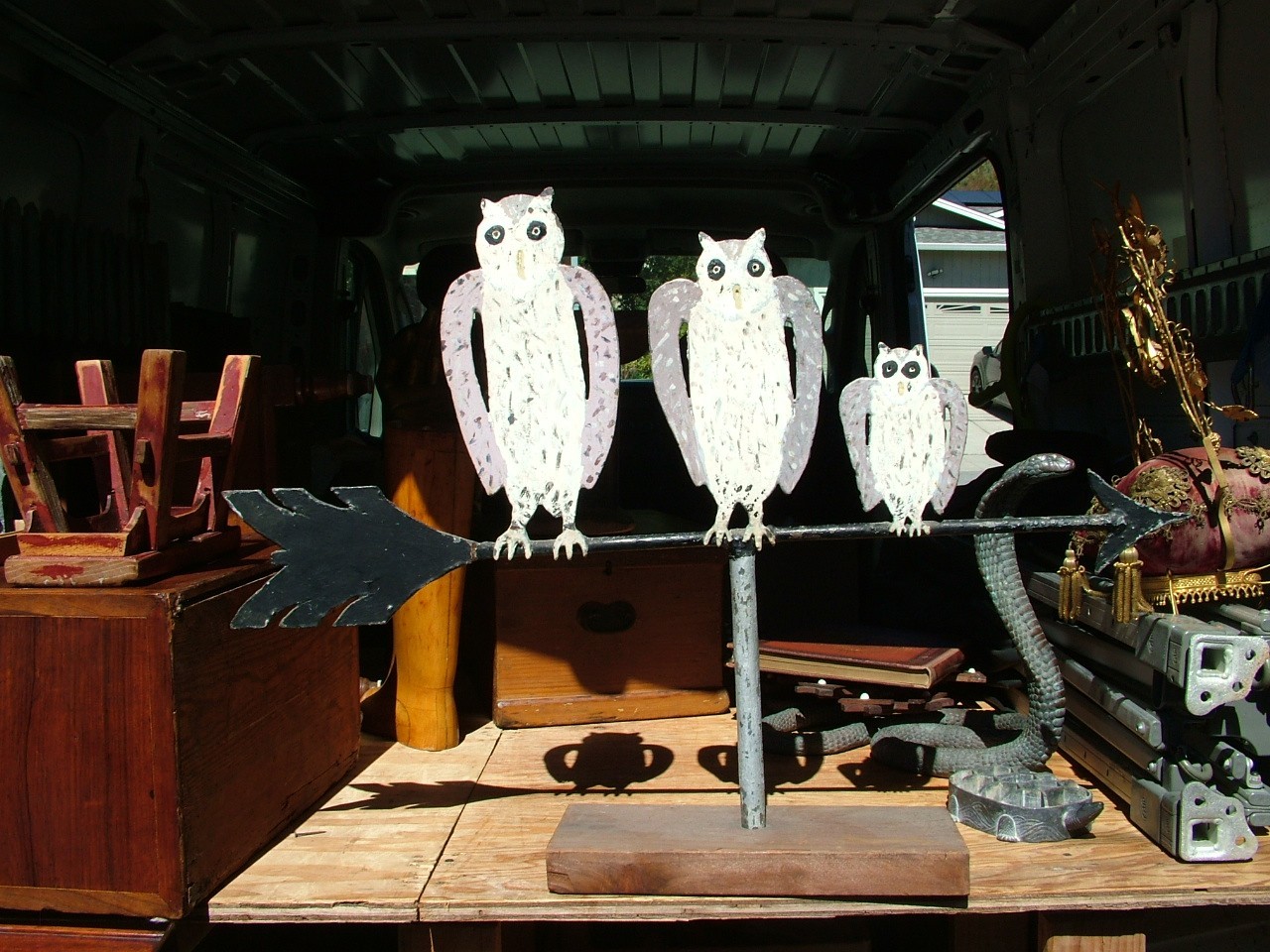 ANTIQUE CUT STEEL THREE OWLS FAMILY WITH PAINT FOLKY DIRECTIONAL WEATHER VANE