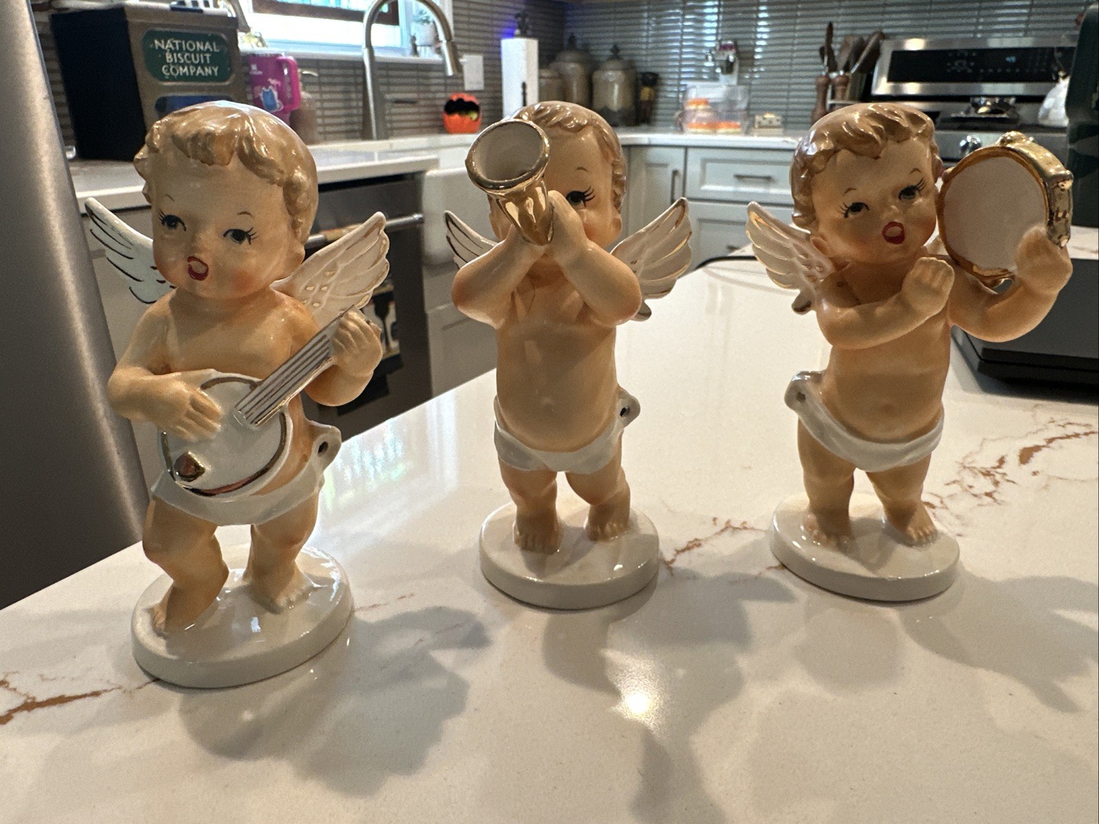 3 Vintage Napco Christmas Angels Cherubs Musical Instruments Diaper Baby Japan