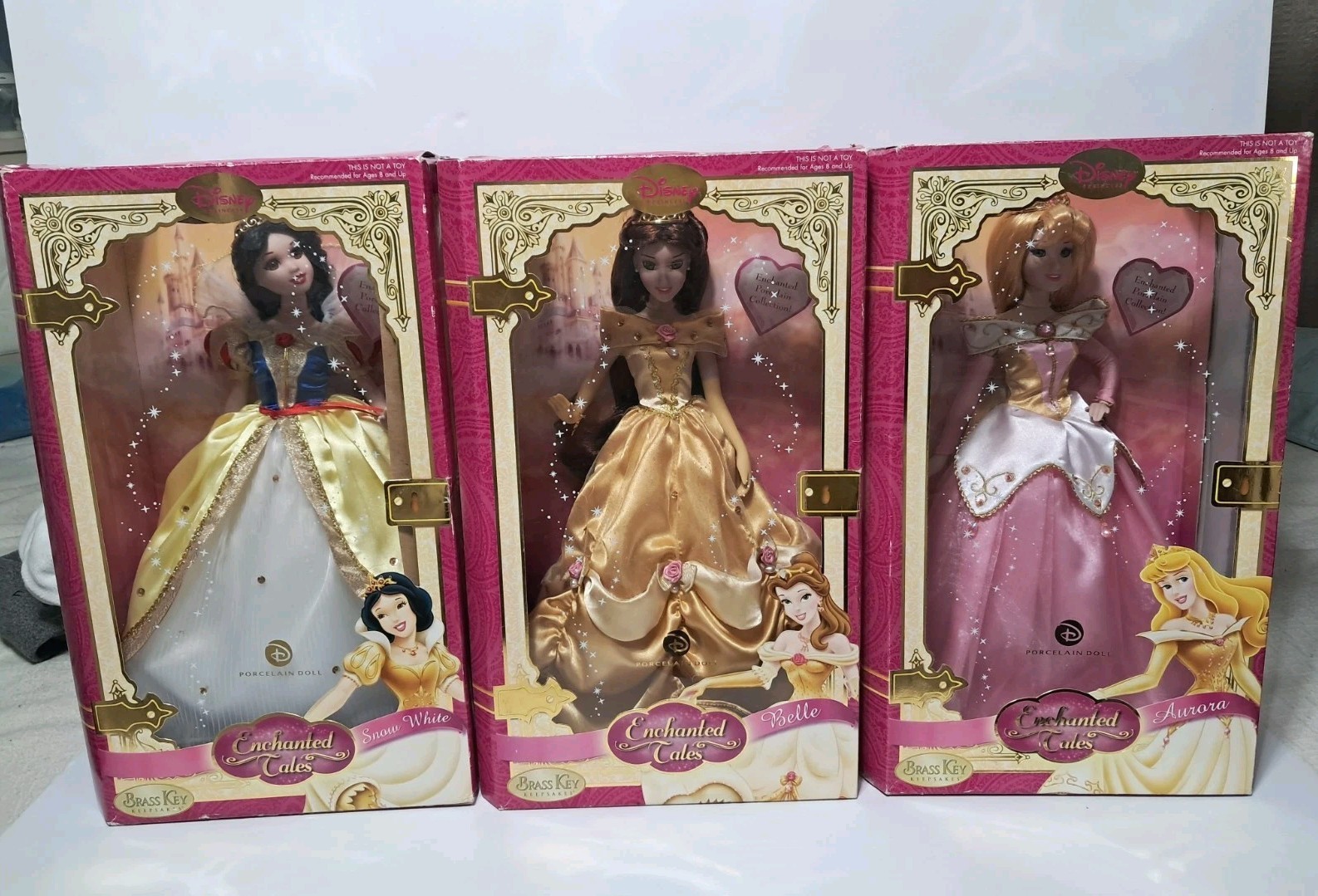 3 Disney Princess Enchanted Porcelain Collection Dolls Brass Key Keepsakes.  