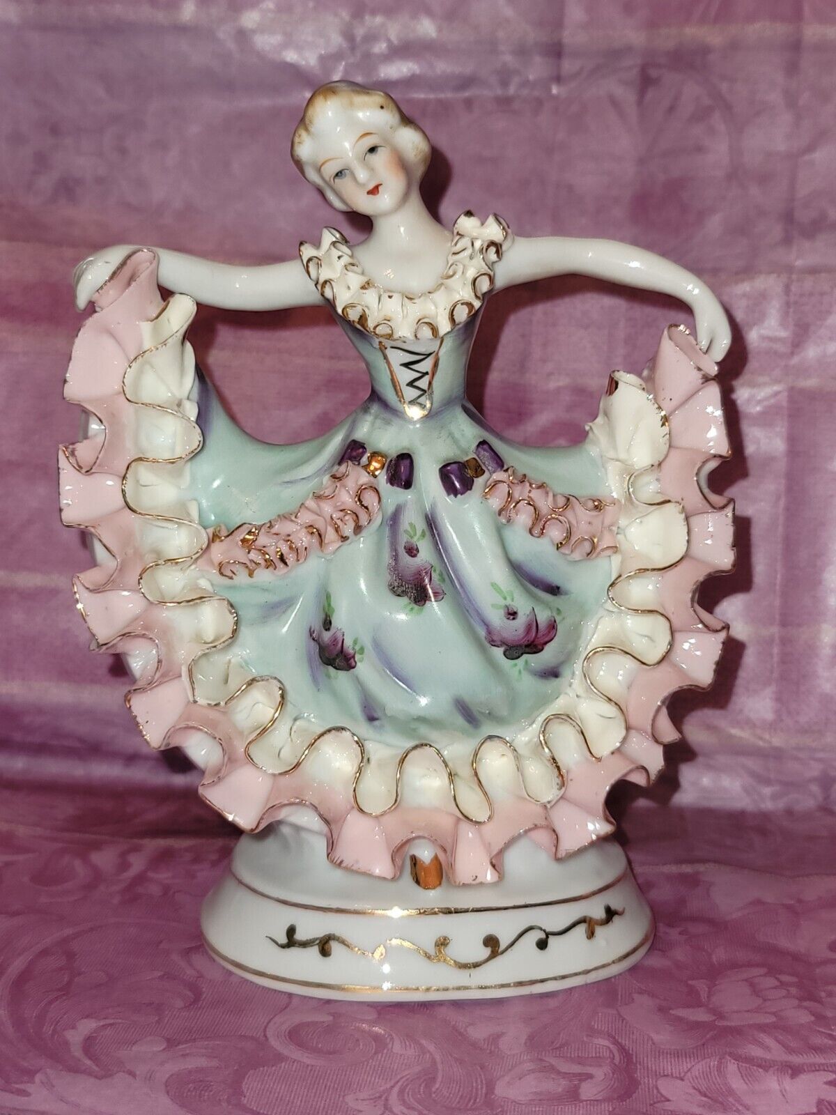 Cute Antique Bone China Lace Victorian Lady Dancing Figurine Hand Painted Rare 