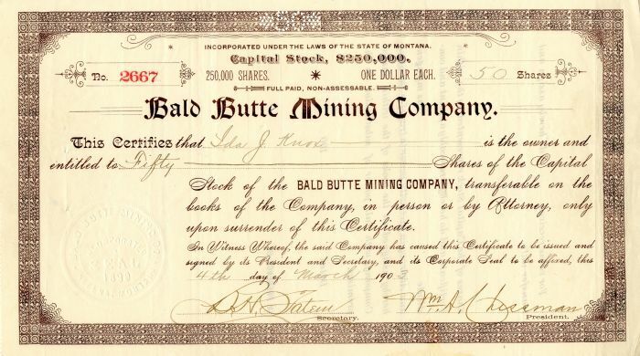 Bald Butte Mining Co. - Stock Certificate - Mining Stocks