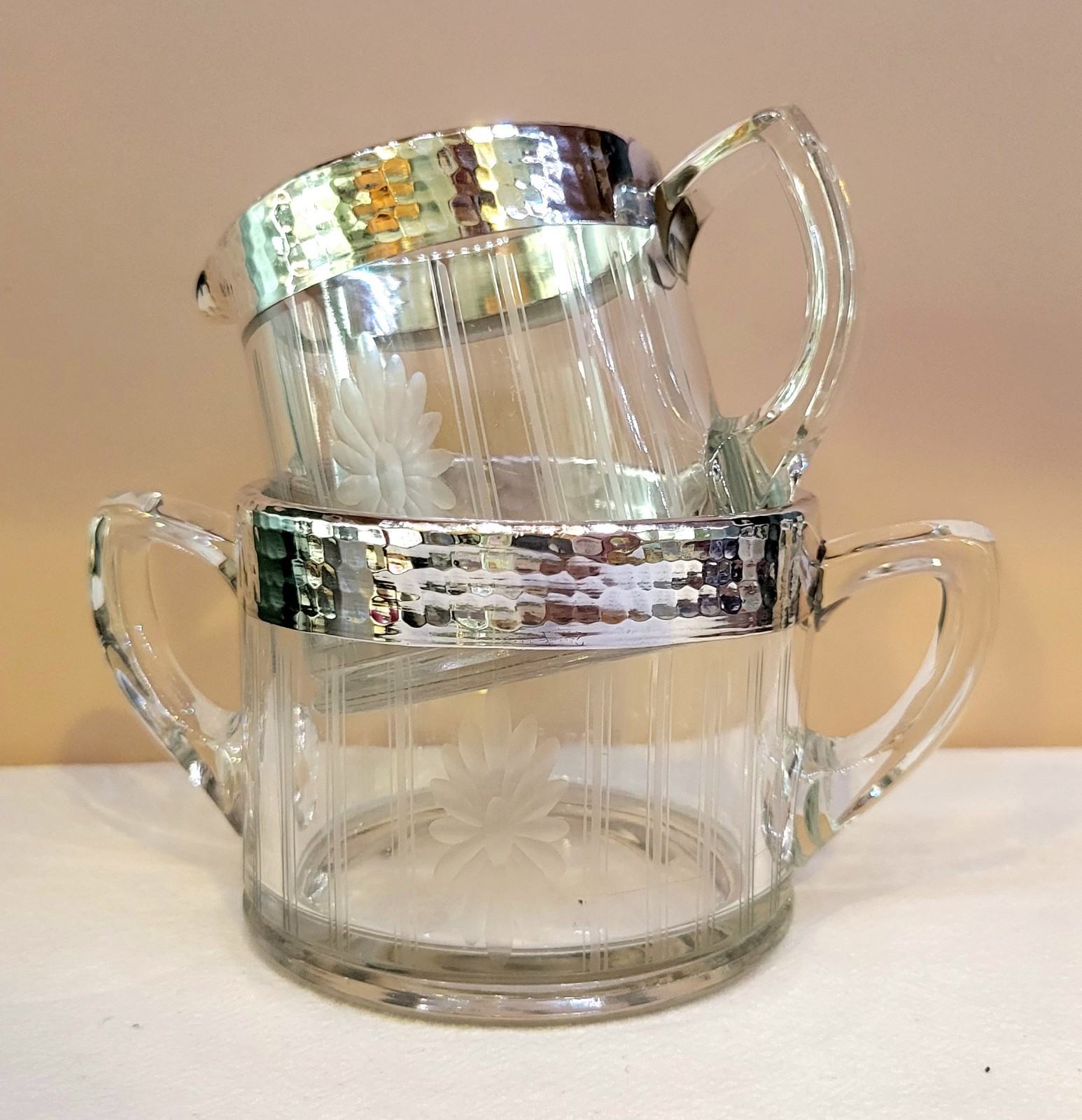 Art Deco Style Etched Floral Glass Sugar & Creamer Silver Rims Set 1920s USA