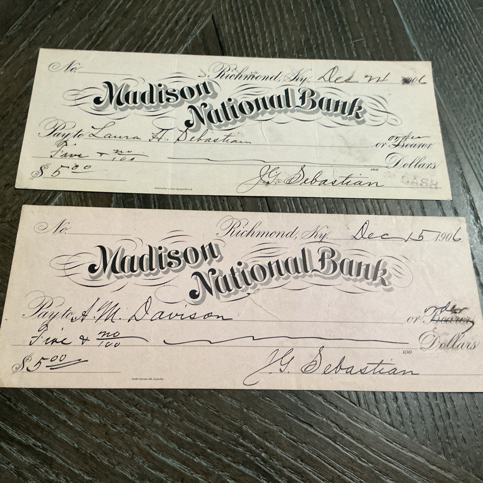 Vintage Bank Checks Madison National Bank Richmond Kentucky 1906