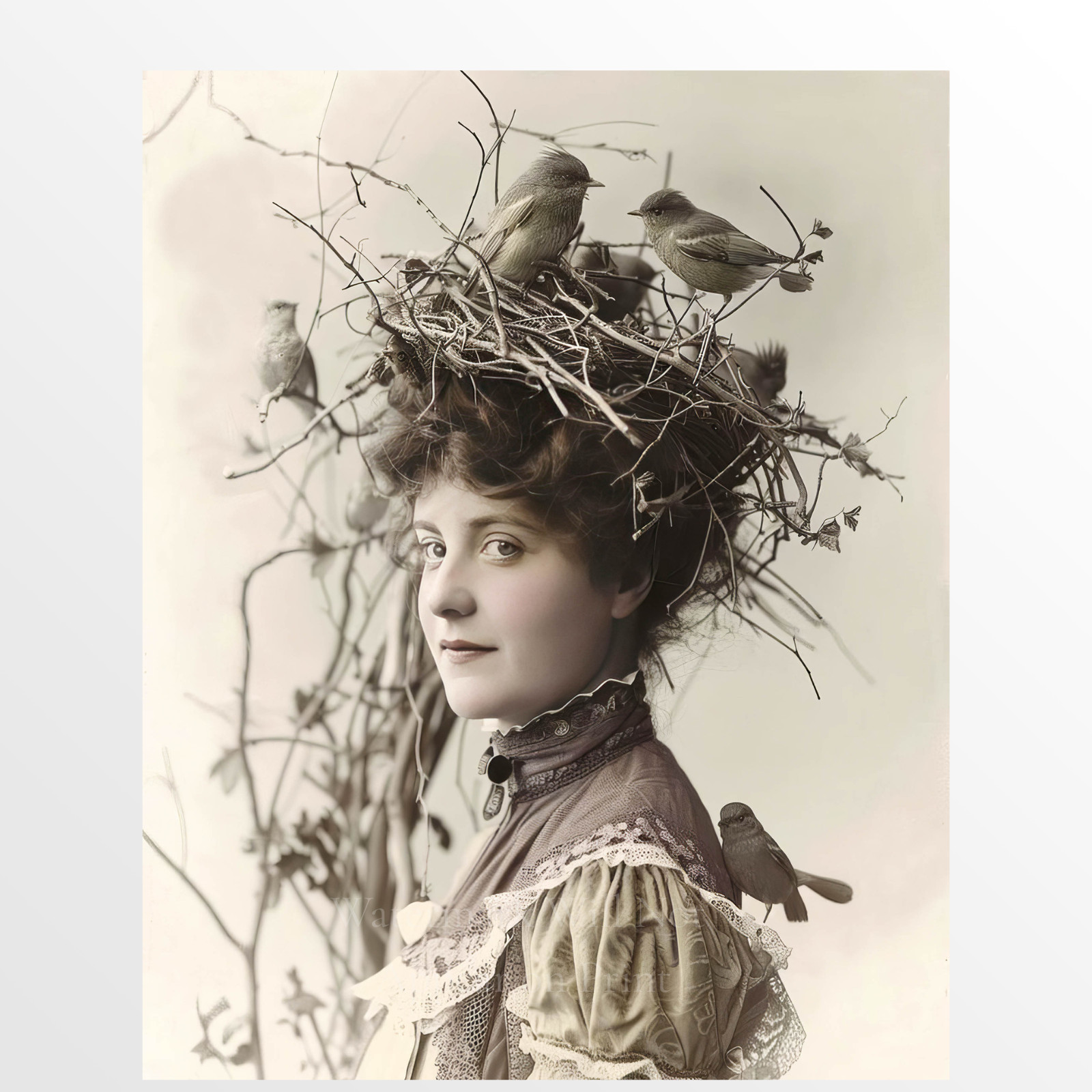Victorian Woman Bird Nest Hat  Edwardian Millinery Giclee Fine Art Print