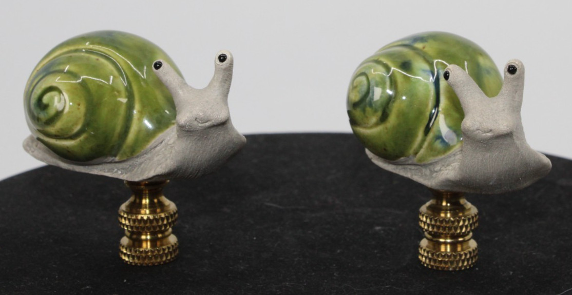 Vintage Whimsical Ceramic Snail Lamp Finials Pair - Green Glazed Studio Pottery 