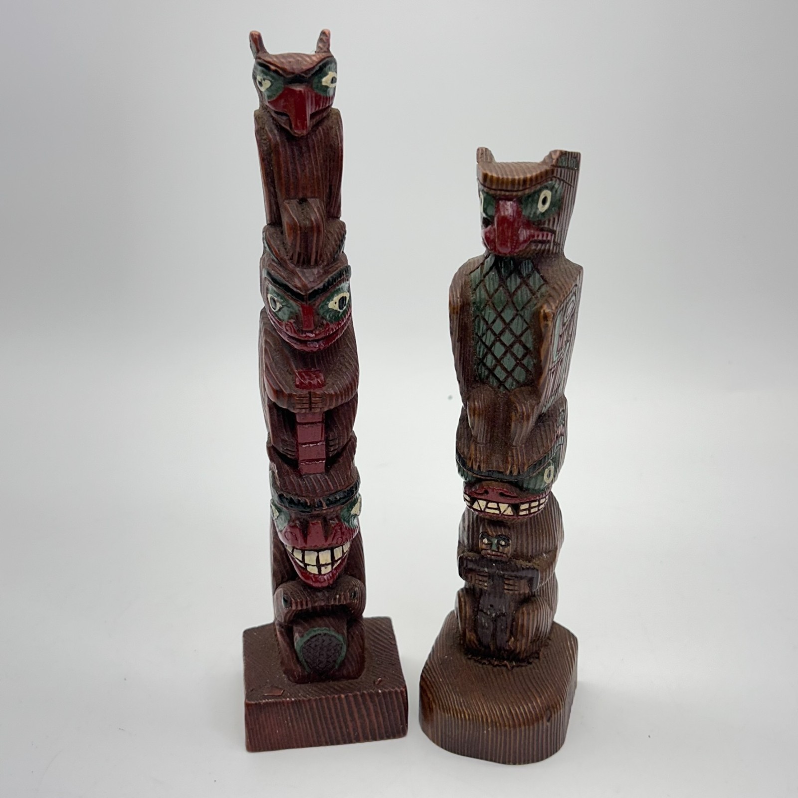 VTG Pair Pearlite Vancouver BC Handcrafted Owl Totem Pole Wooden Figures