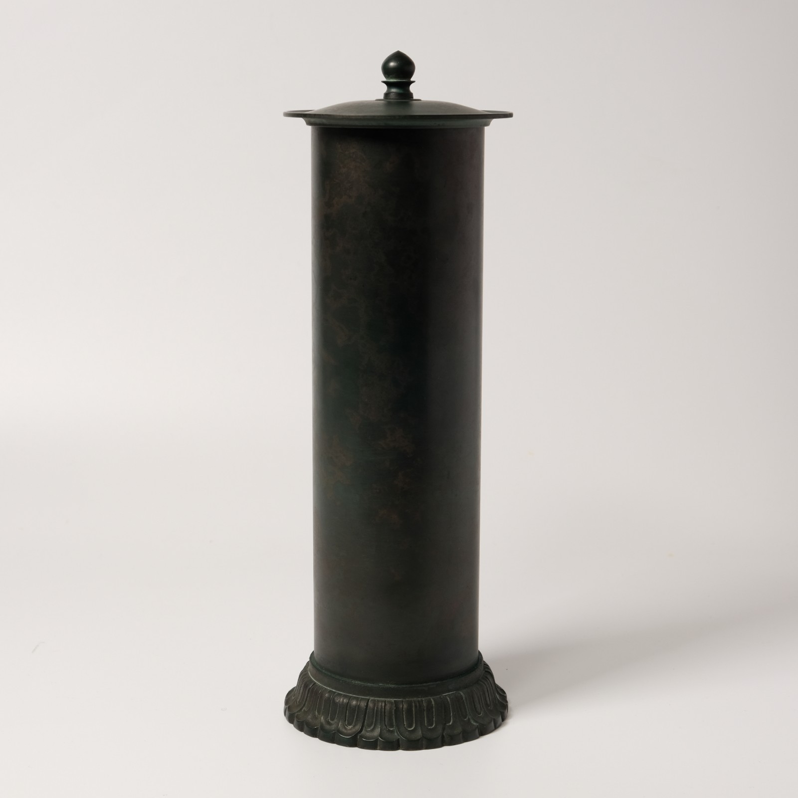 Japanese Bronze Buddhist Sutra Container Style Vase by HANNYA Kankei w/ Wood Box