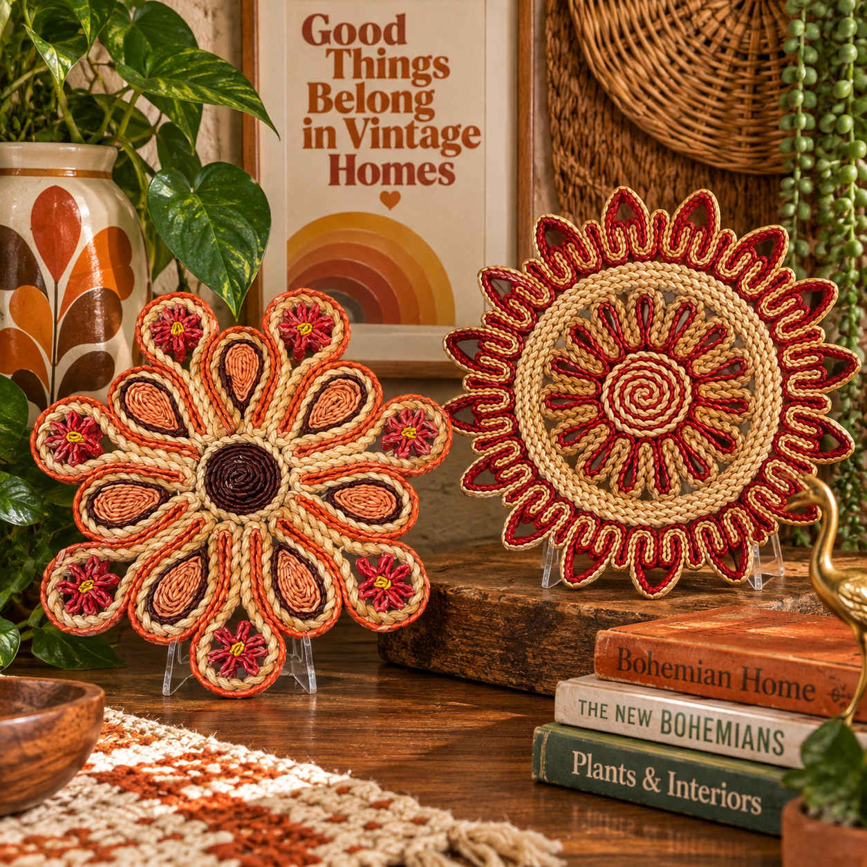 Vintage 1970s Raffia Straw Trivets Lot 2 Woven Floral Boho Basket Wall Decor