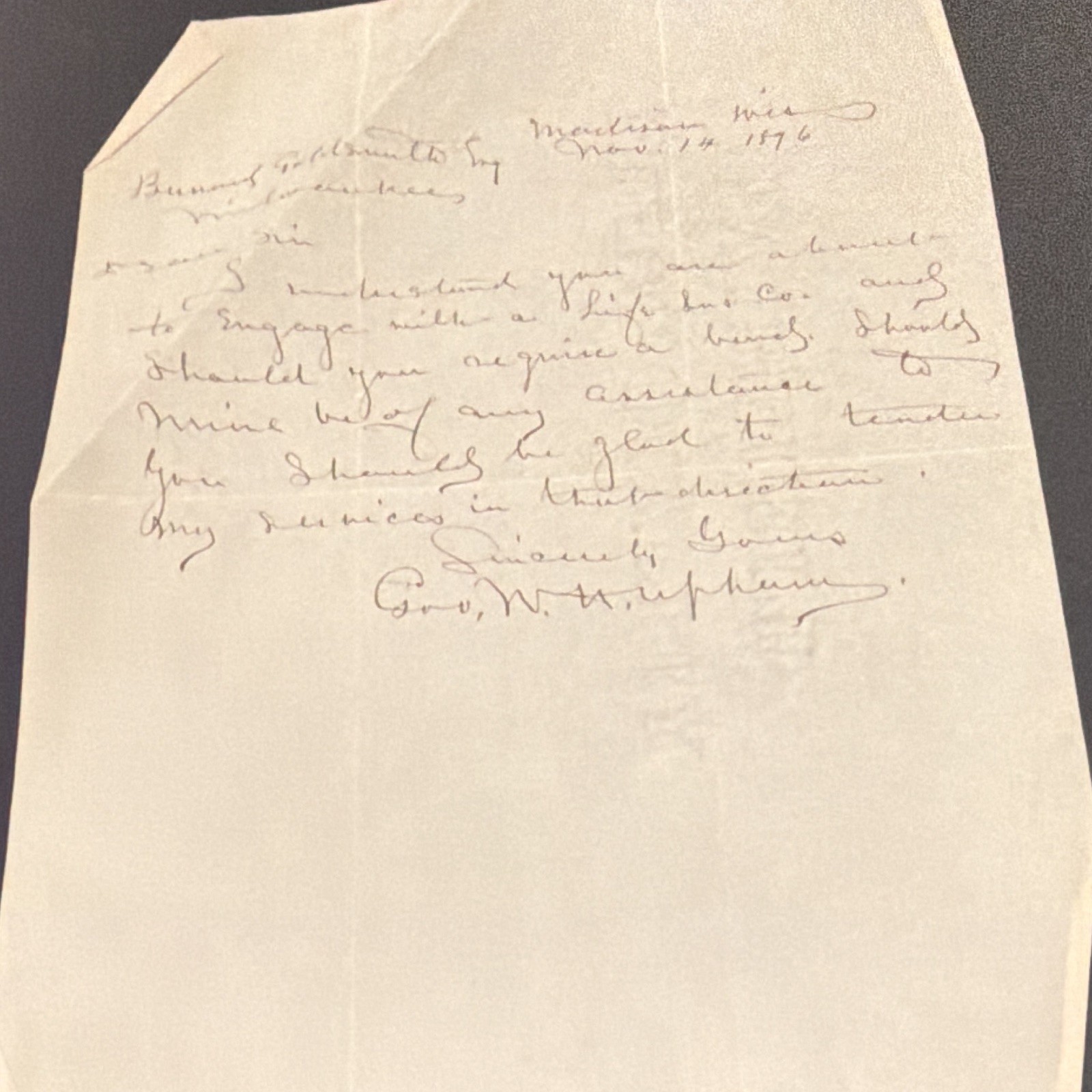 1896 Handwritten Letter Signed by sitting WI Governor WH Upham (Civil War Vet)