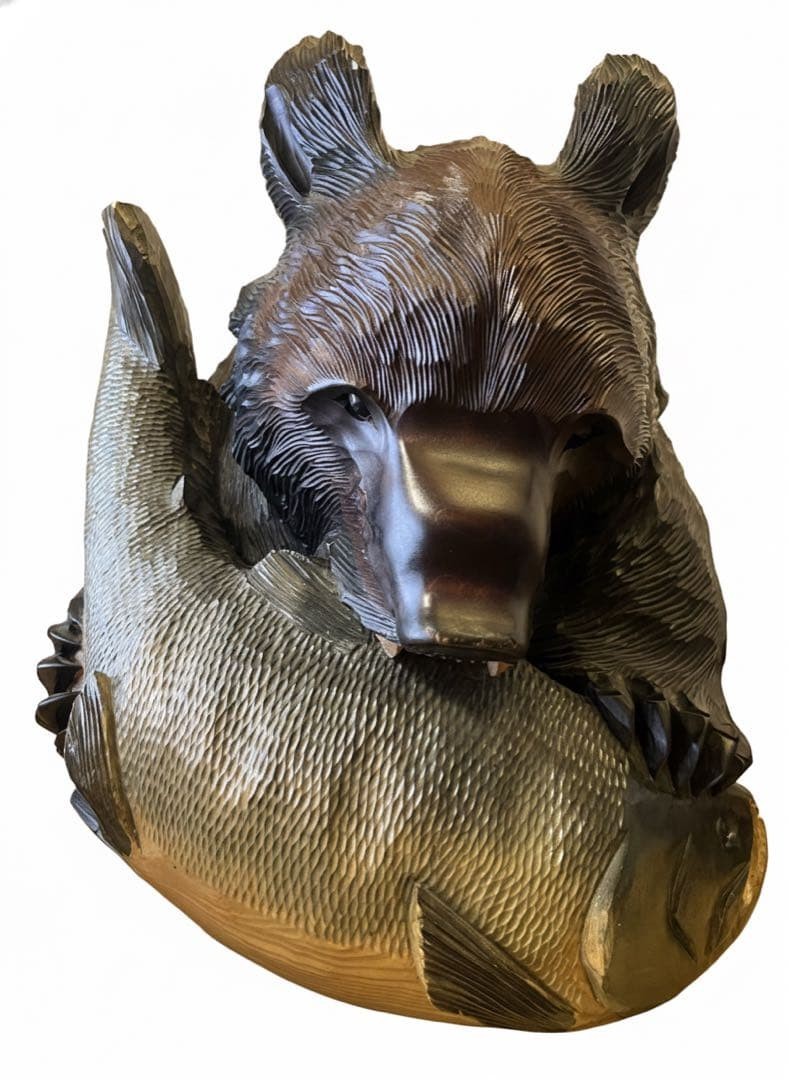 Vintage 1987 Sapporo Hokkaido Bear Salmon Enju Wood Hand Carved Wall Art Japan Vintage 1987 Sapporo Hokkaido Bear Salmon Enju Wood Hand Carved Wall Art Japan