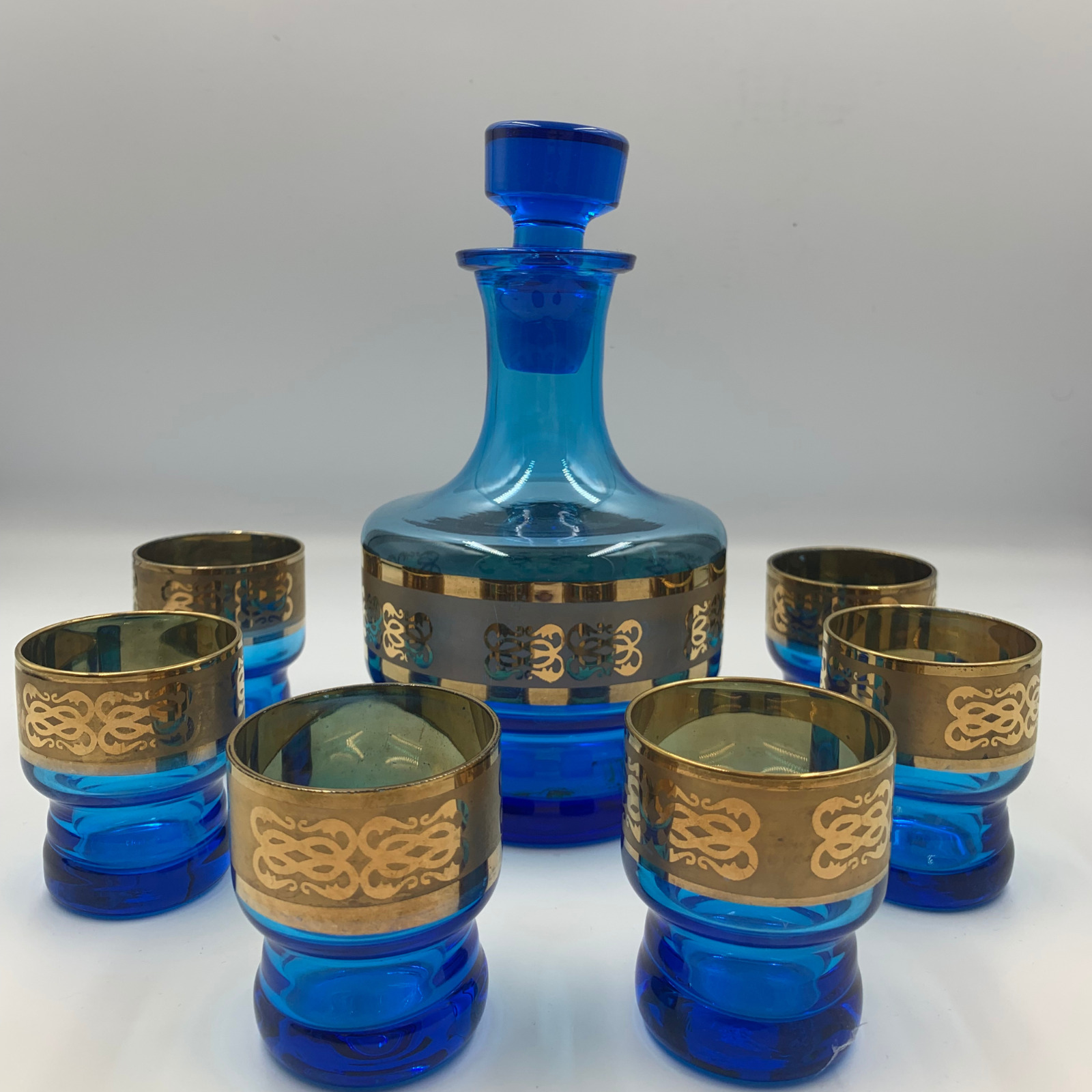 Blue and Gold Embroidered 6-Piece Liquor Set - Handcrafted Glassware