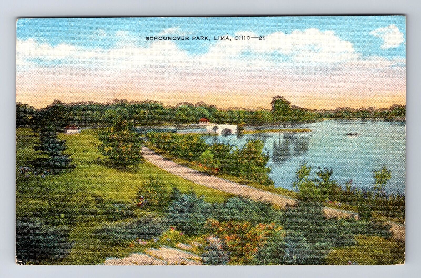 Lima OH-Ohio, Schoonover Park, Lake and Ornamental Bridge Vintage c1947 Postcard
