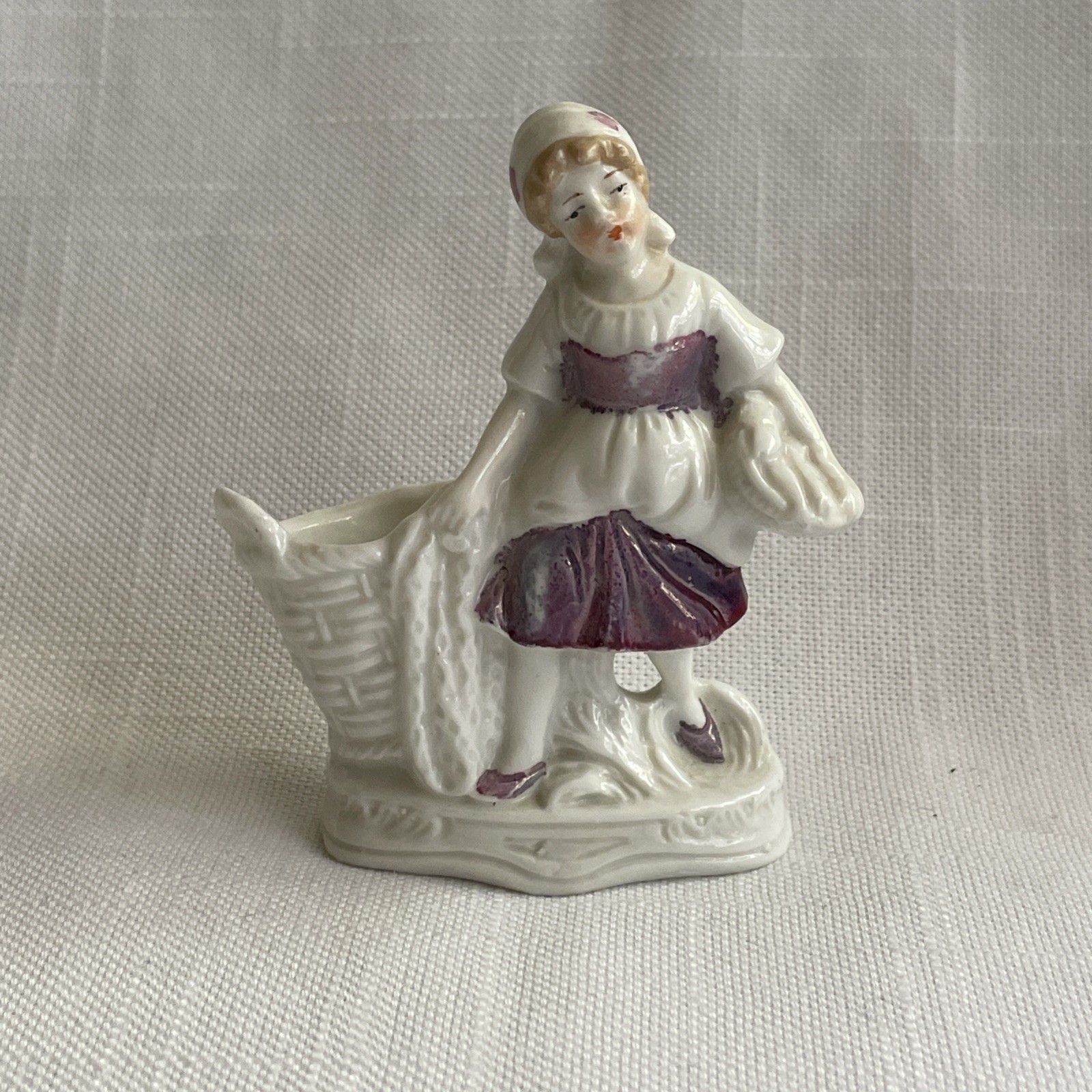 Vintage German Porcelain Girl & Basket  Figure Figurine Toothpick Match Holder