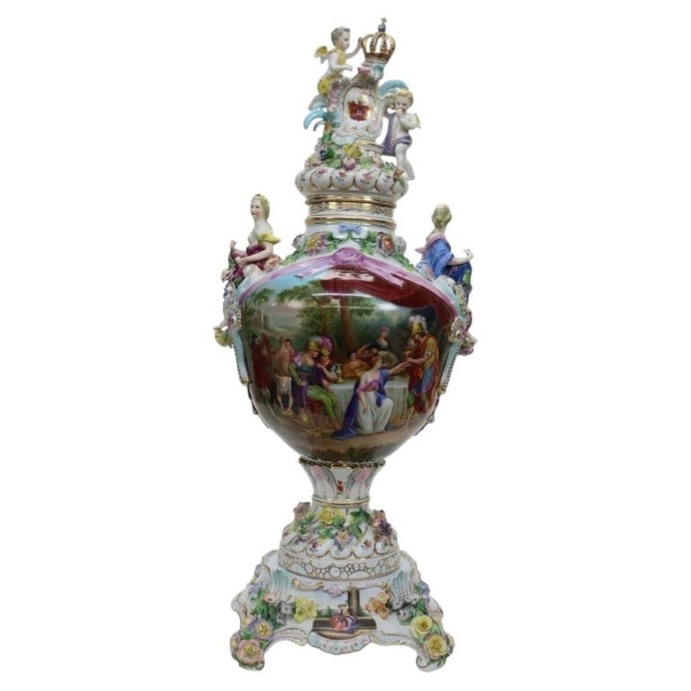 Meissen Louis XIV Style Figural & Floral Pictorial Porcelain Urn c1880 Meissen Louis XIV Style Figural & Floral Pictorial Porcelain Urn c1880