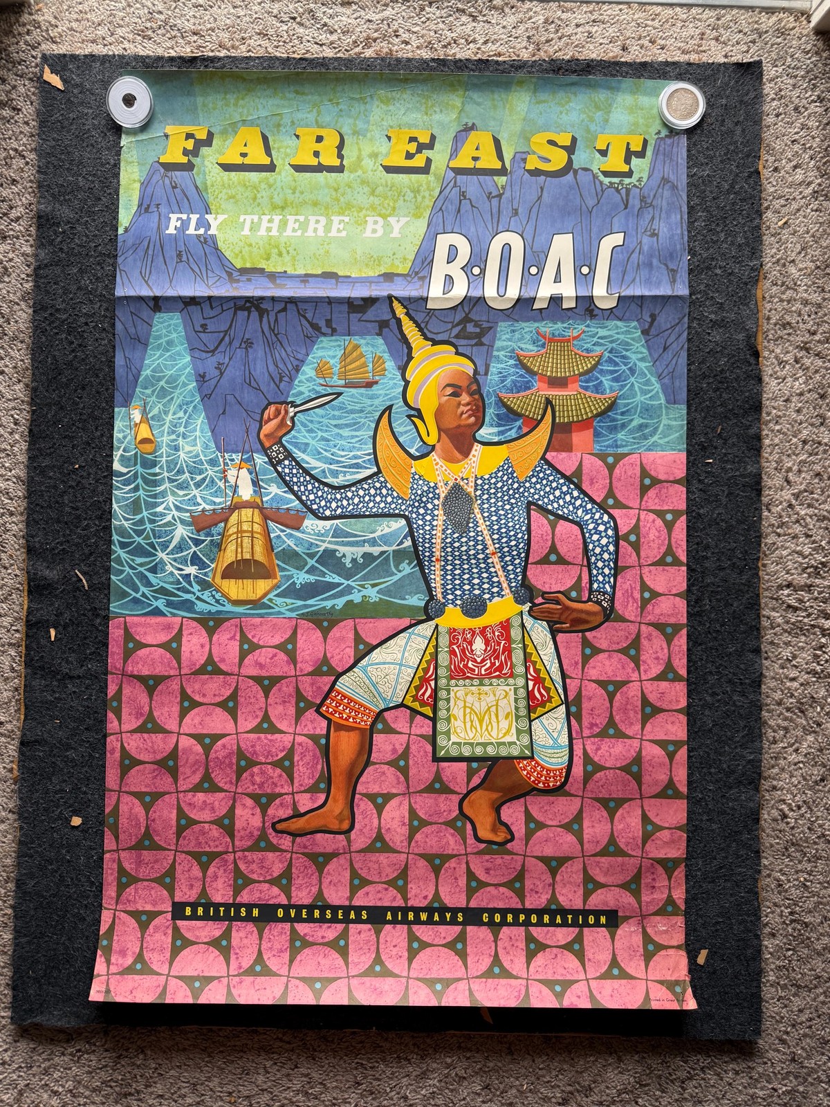 Original 1957 Thailand Unfolded 25 x 40 Vintage Advertising Travel Poster, Sout