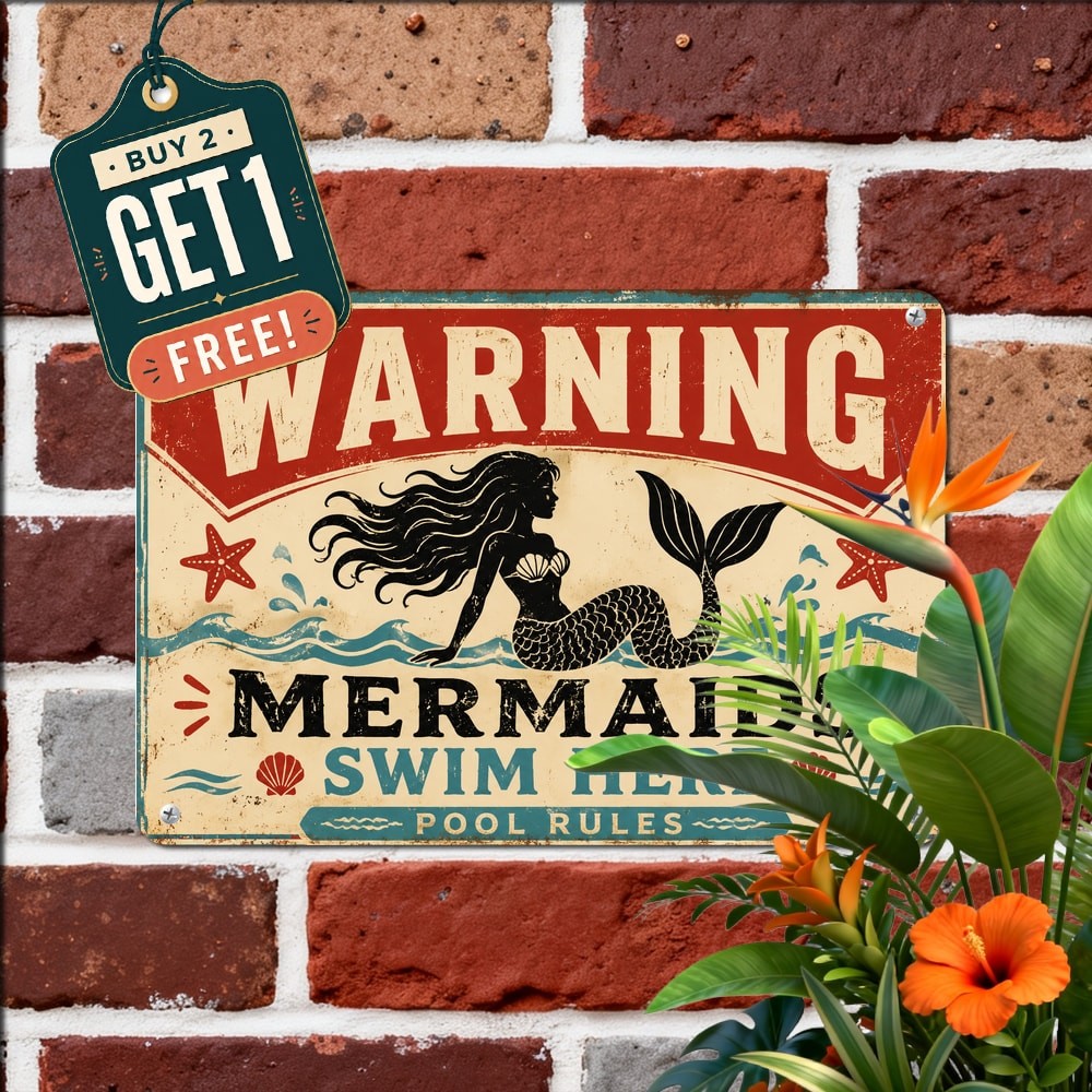 Beware Brawny Mermaid Pool Rules Sign Funny Nautical Beach House Tin Plaque