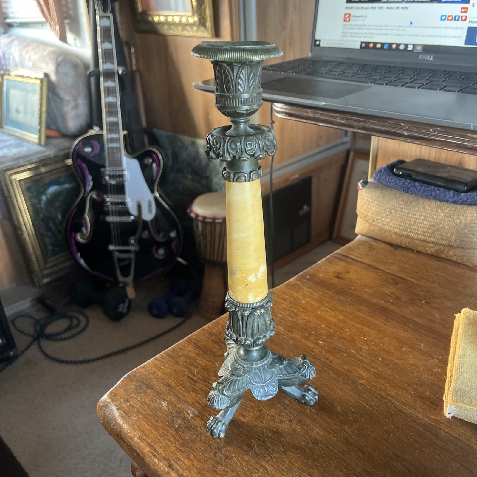 Antique French Empire Style Brass Bronze Marble Candlesticks Holders 11”