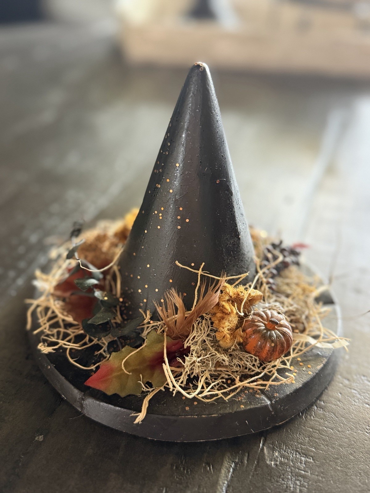 Signed Folk Art Witch Hat Display by Lea 1996 Primitive Halloween Decor