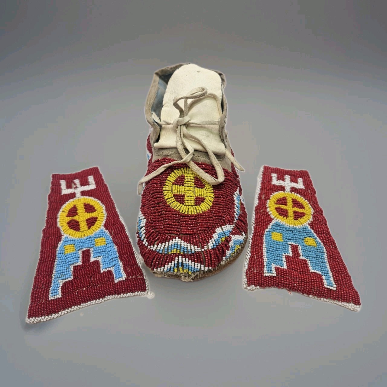 Vtg Plains Indian Beaded Moccasin Leather Sole & Gauntlet Arm Cuffs Fully Beaded