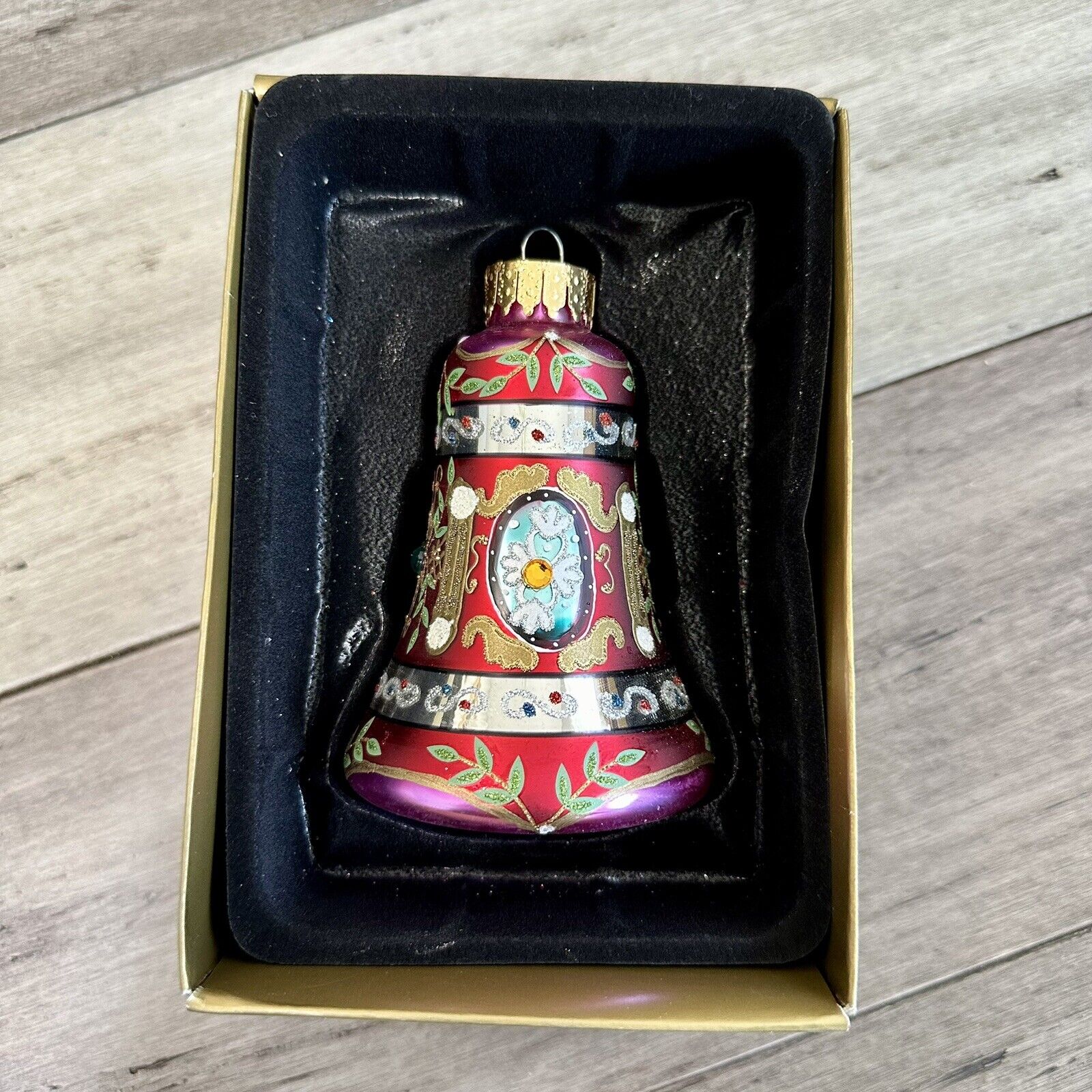 CBK Ltd. Purple Red Glass Bell Christmas Ornament Hand Crafted Painted Sparkle
