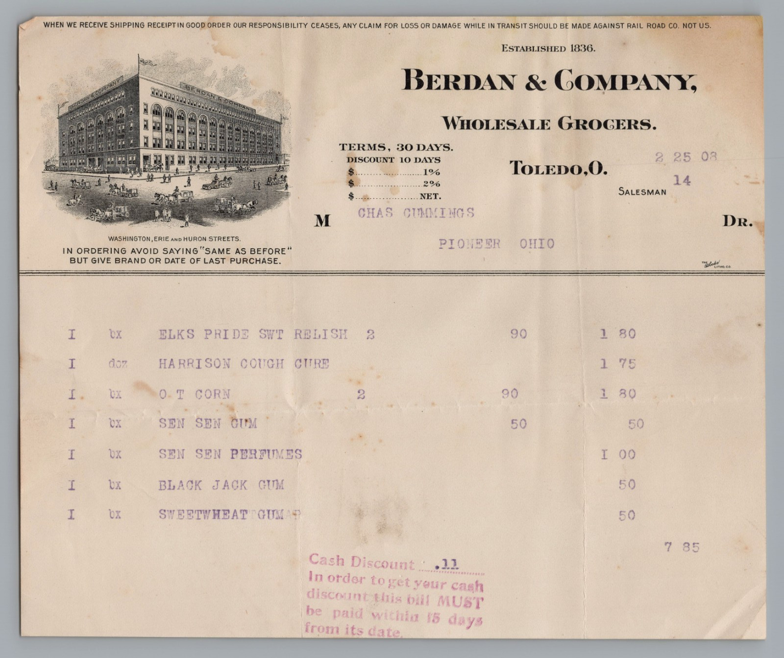 Vintage 1900s Berdan & Co Wholesale Grocers Billhead Toledo OH Invoice RARE