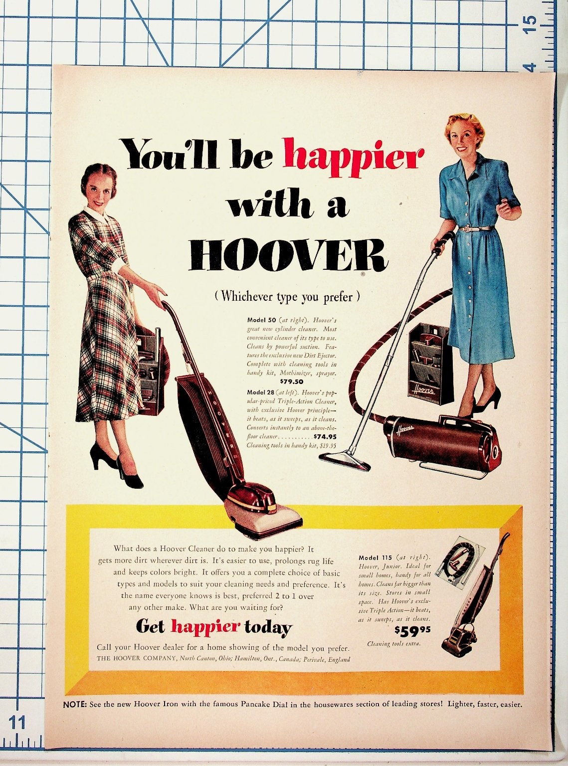 Vintage 1950s Hoover Vacuum Cleaner Ad - Models 28, 50, 115 - Ephemera Vintage 1950s Hoover Vacuum Cleaner Ad - Models 28, 50, 115 - Ephemera