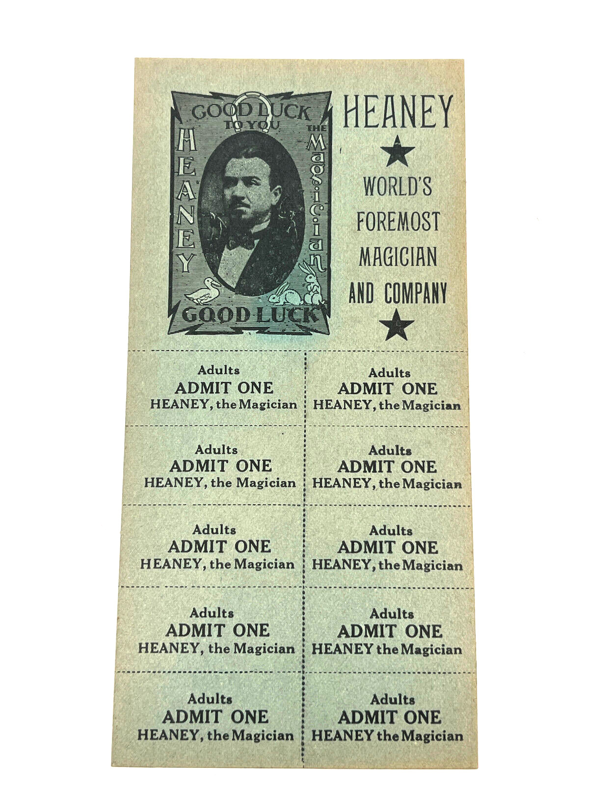 Antique 1930\'s Heaney Magician Unused Ticket Sheet GOOD LUCK advertising sign Antique 1930\'s Heaney Magician Unused Ticket Sheet GOOD LUCK advertising sign