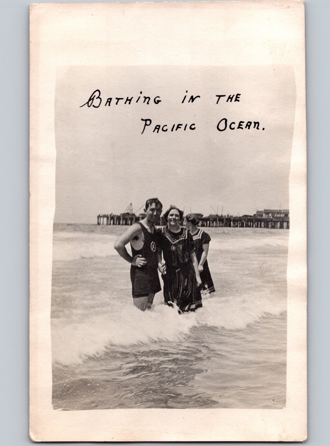 c1915 Bathing In The Pacific Ocean Man Swimsuit Women Bonnet RPPC Real Photo