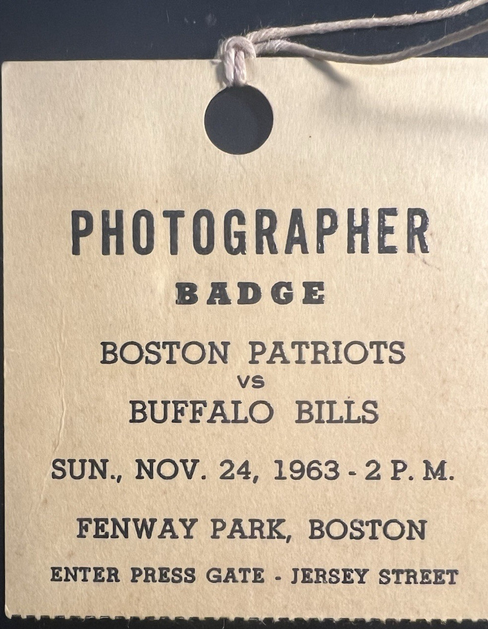 JOHN KENNEDY VERY RARE ORIG. PHOTOGRAPHER BADGE FOR 11/24/63 CANCELED AFL GAME
