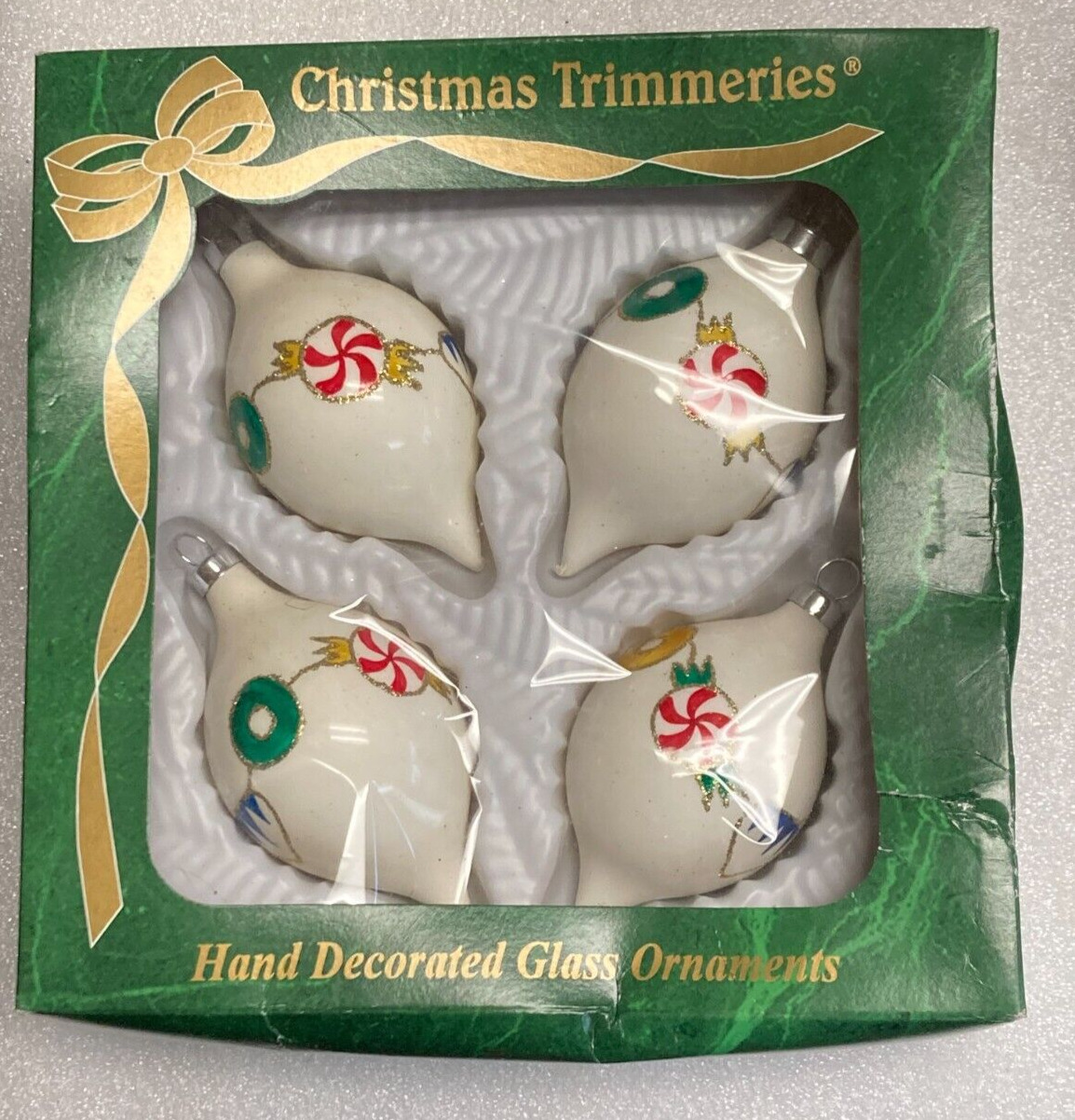 4 Vnt Christmas Trimmeries Ornaments Peppermint Candies Hand Decorated Glass