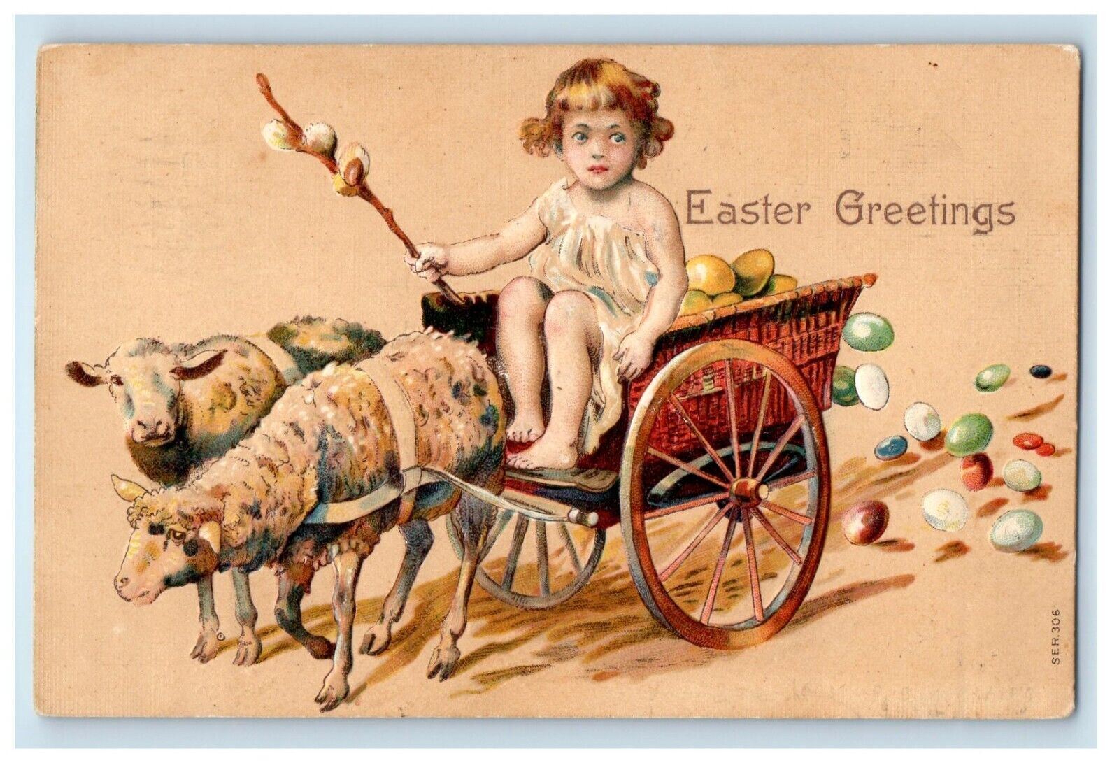 1907 Easter Greetings Sheep Pulling Cart Little Girl Eggs Embossed Postcard