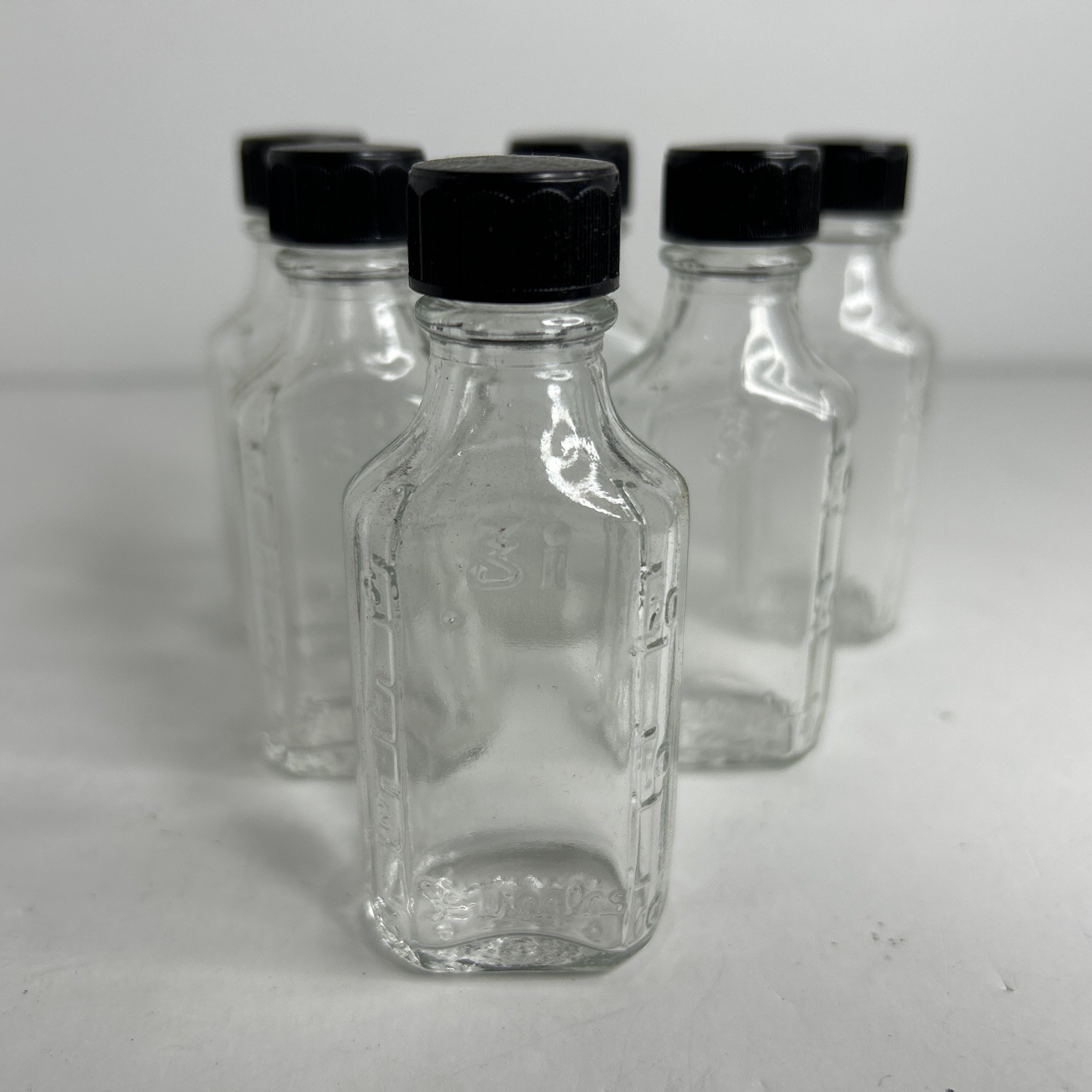Vintage Duraglas 3i Clear 1 ounce Bottle with Black Cap OWENS Lot of  6