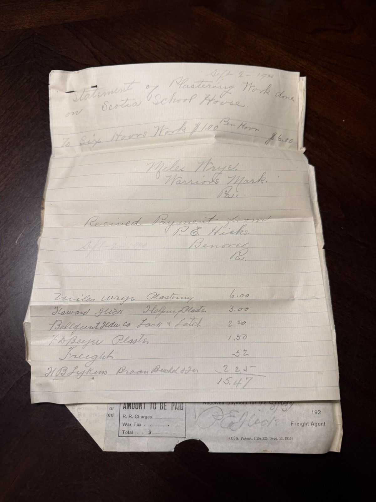 1920 Pennsylvania RR Freight Bill & Scotia PA School Plastering Archive