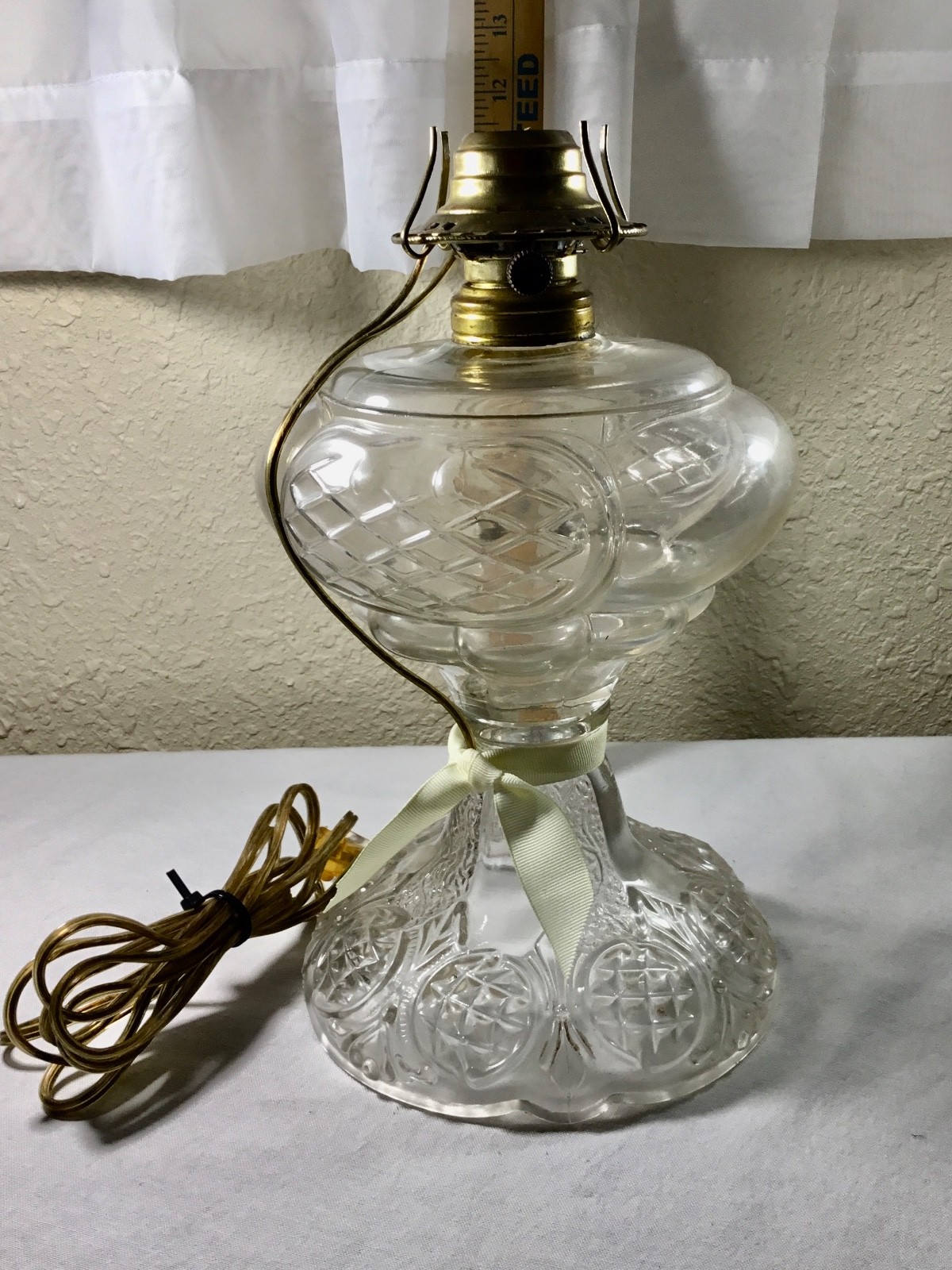 Fancy Clear Glass Table Pedestal Oil Lamp Converted to Electric - Vintage