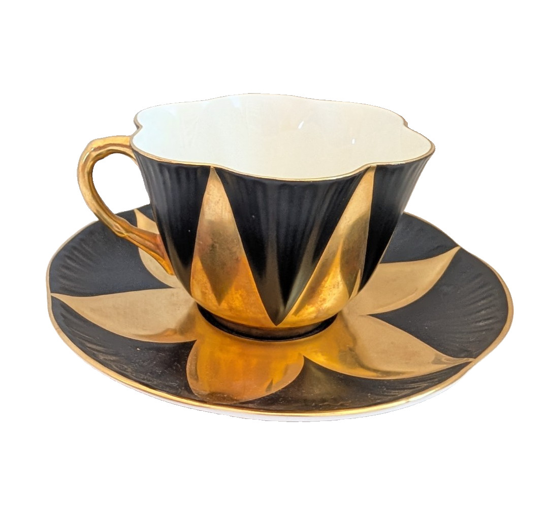 Vintage Shelley Dainty Teacup Saucer RARE Harlquin Gold Bone China England 11777